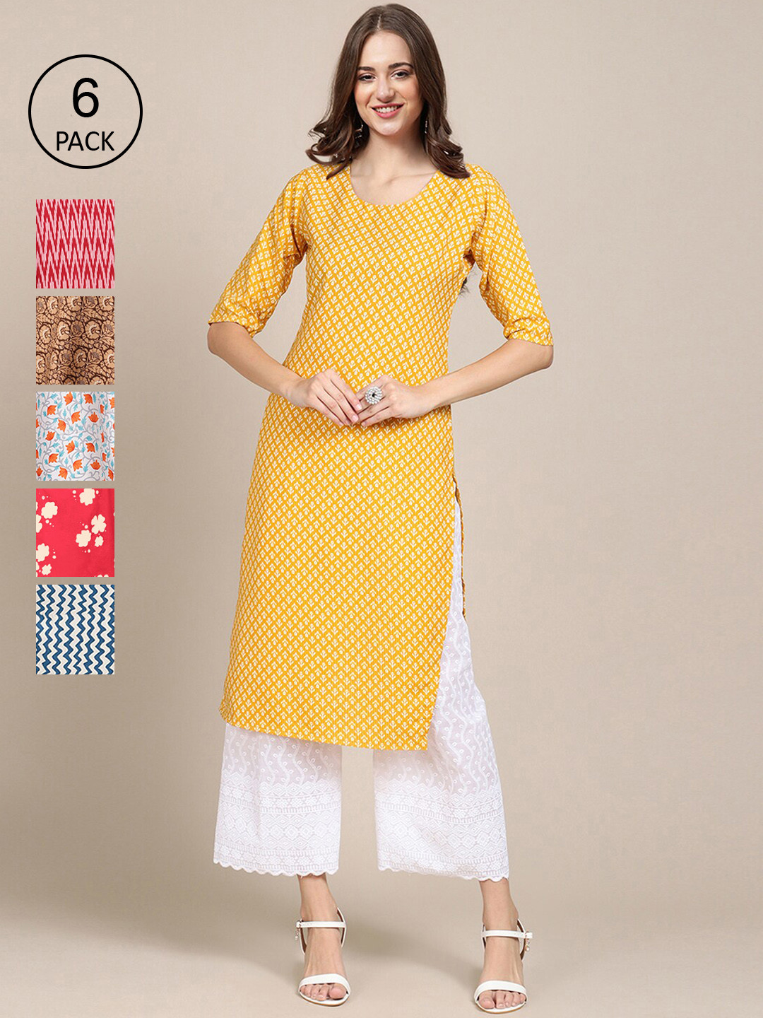 

7Threads Women Pack Of 6 Geometric Printed Crepe Kurta, Multi