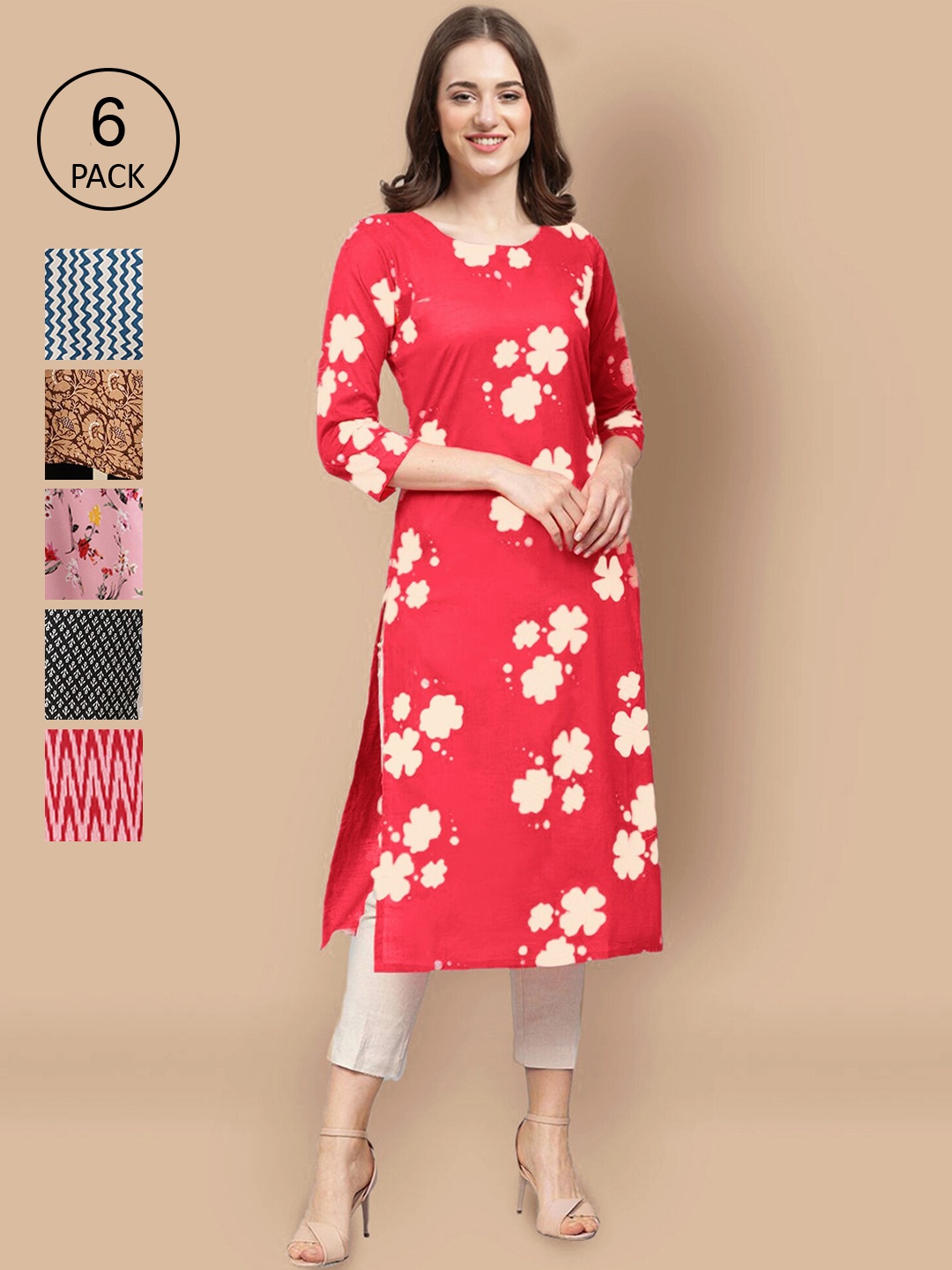 

7Threads Women Pack of 6 Geometric Printed Summer Sheers Crepe Kurta, Blue
