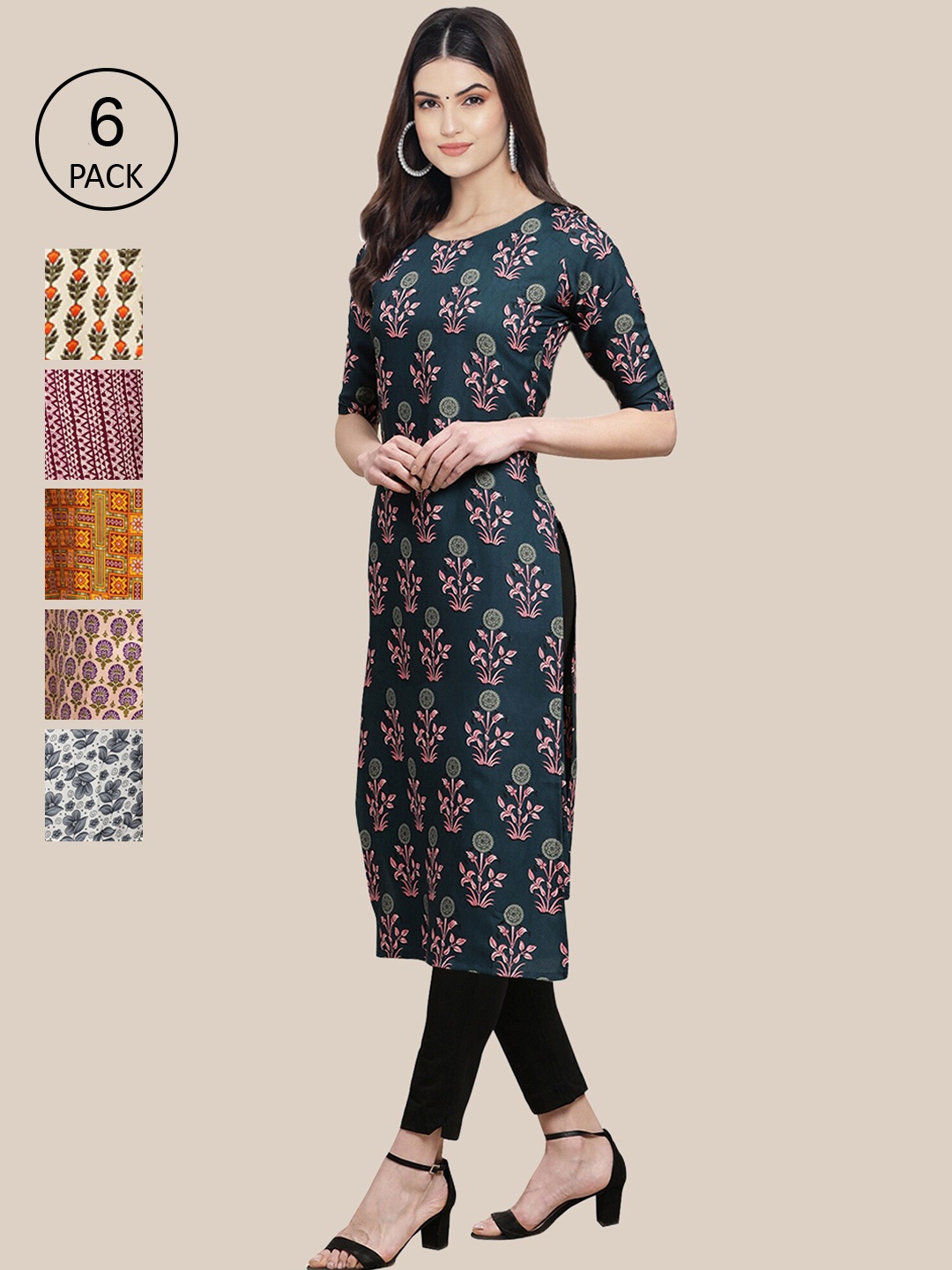 

7Threads Women Pack of 6 Digital Printed Crepe Straight Kurtas, Multi