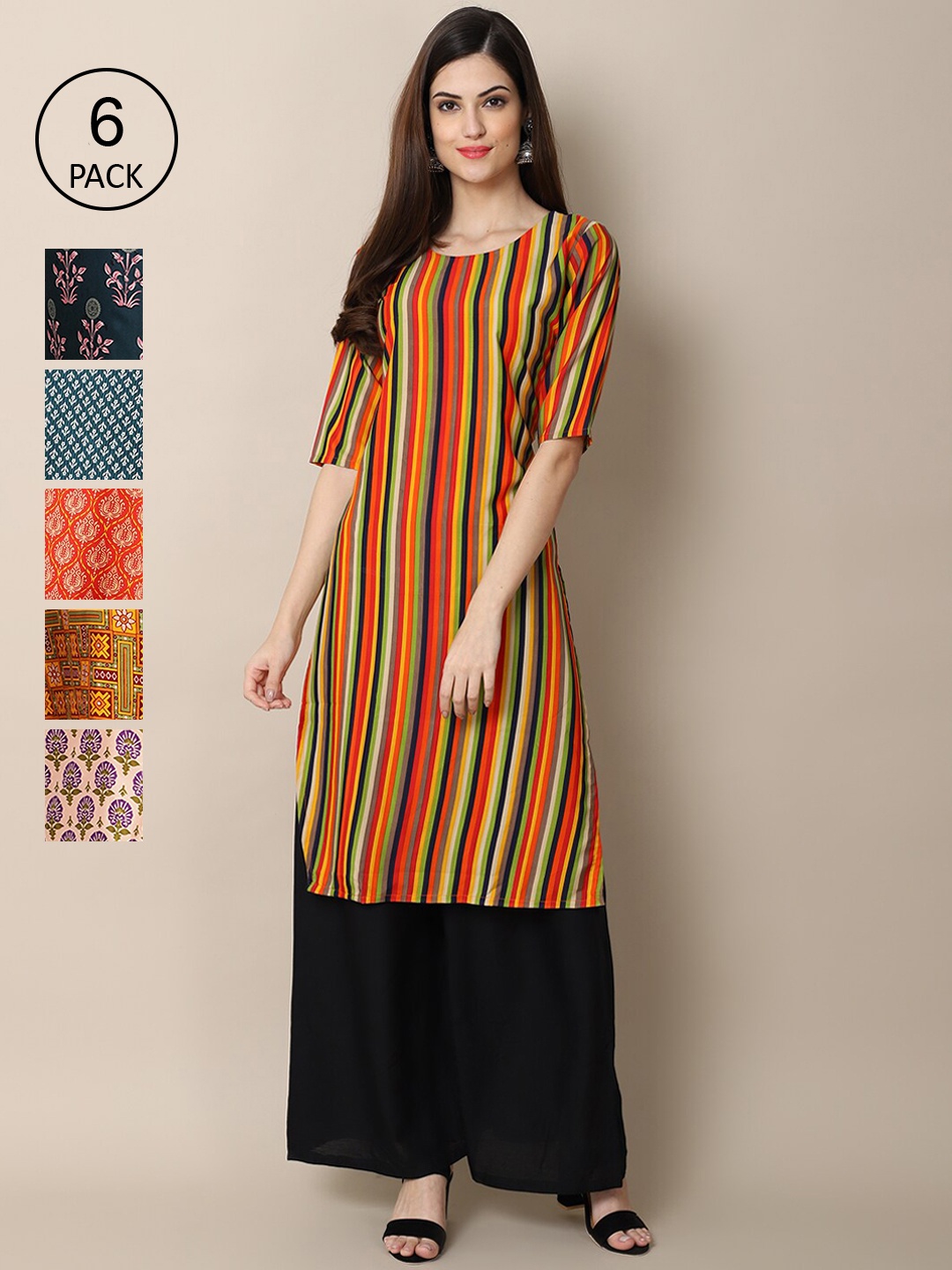 

7Threads Women Orange & Blue Pack Of 6 Geometric Printed Summer Sheers Crepe Kurta