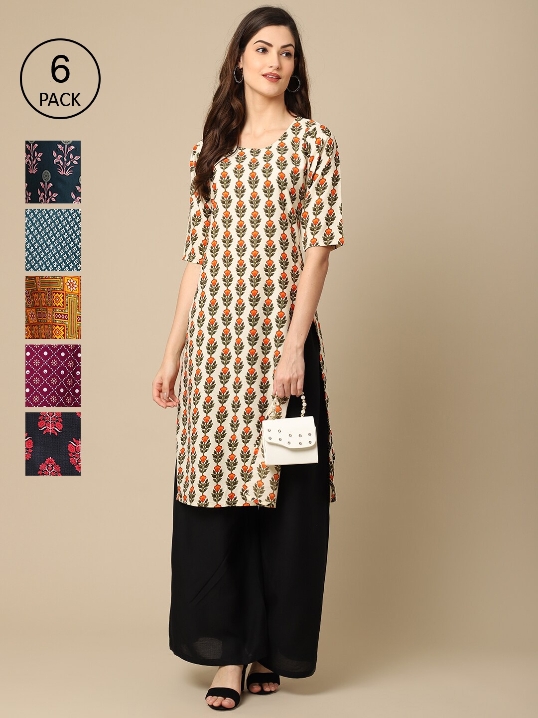 

7Threads Women Pack of 6 Women Printed Straight Crepe Kurta, Multi
