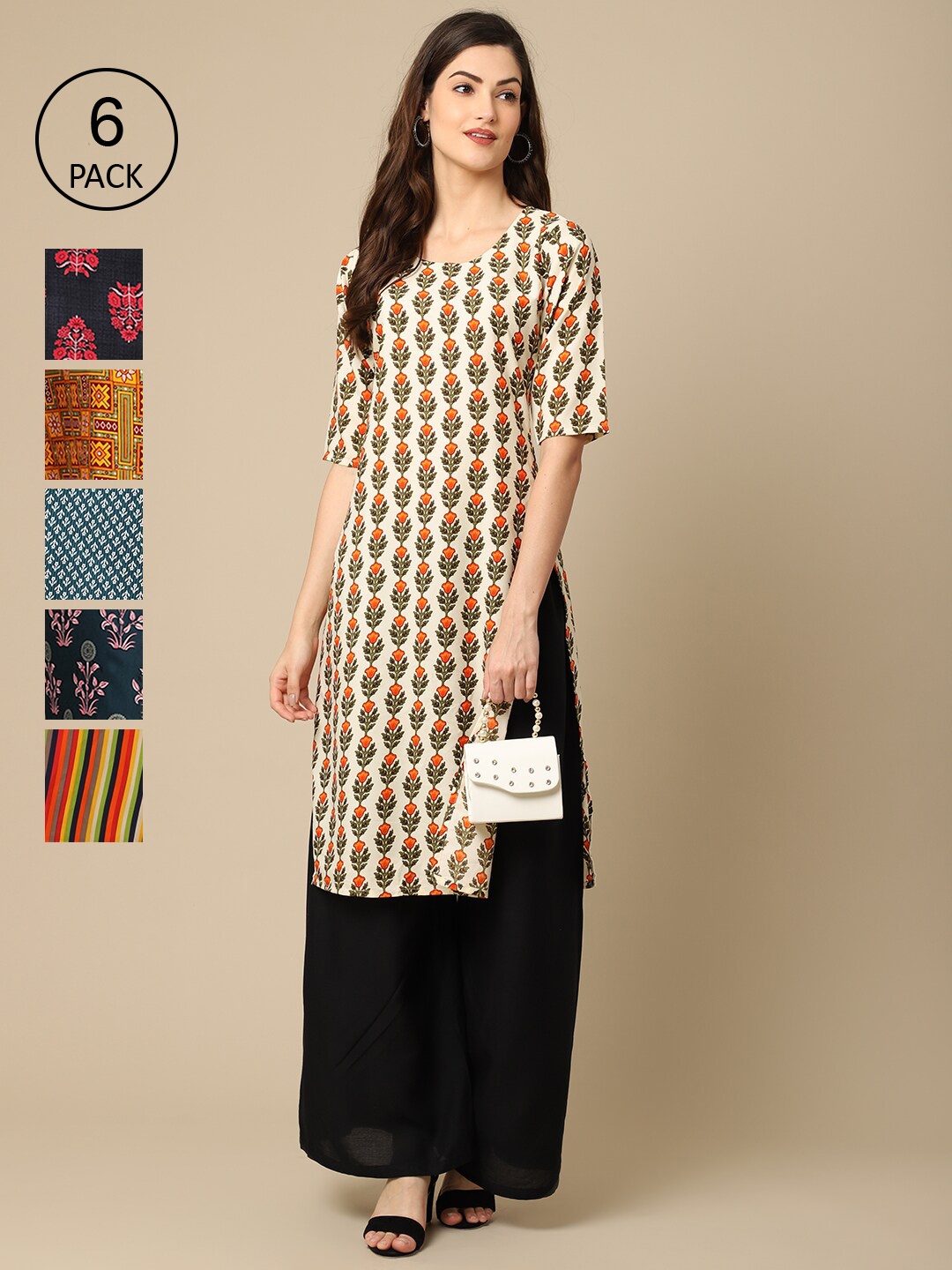 

7Threads Women Pack of 6 Printed Summer Sheers Crepe Kurta, Blue