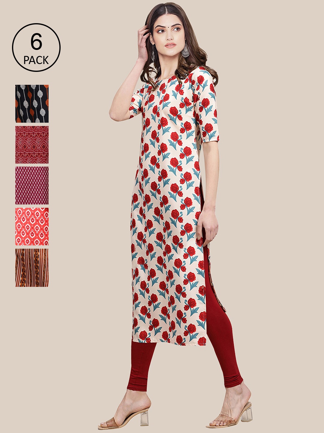 

7Threads Women Pack of 6 Ethnic Motifs Printed Summer Sheers Crepe Kurta, Beige