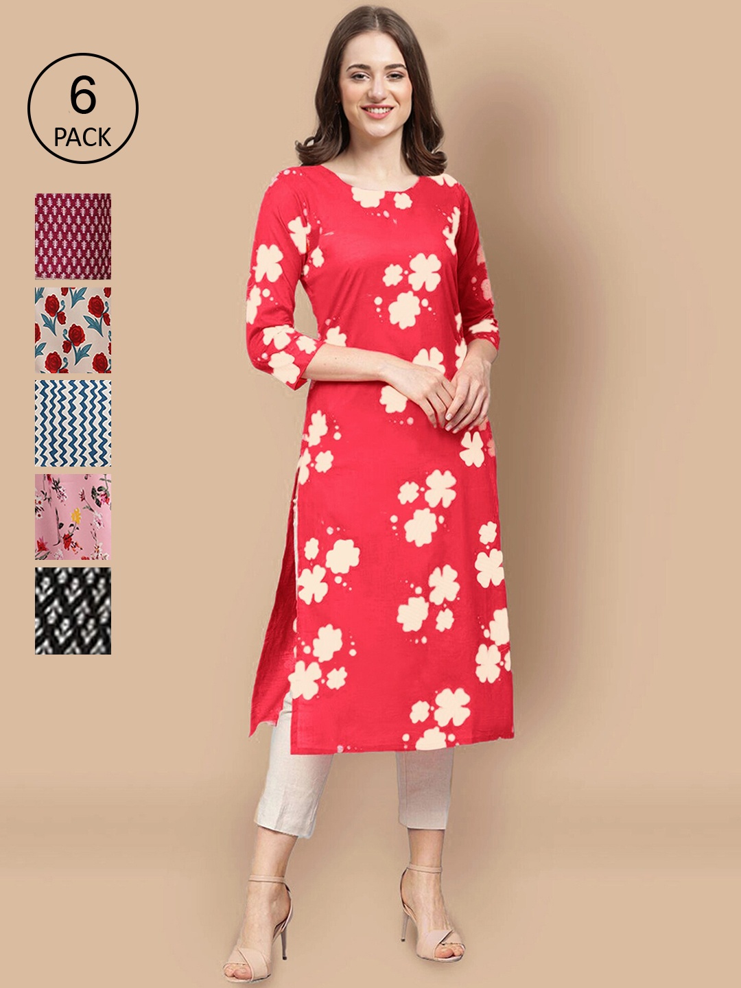 

7Threads Women Pack of 6 Geometric Printed Summer Sheers Crepe Kurta, Black
