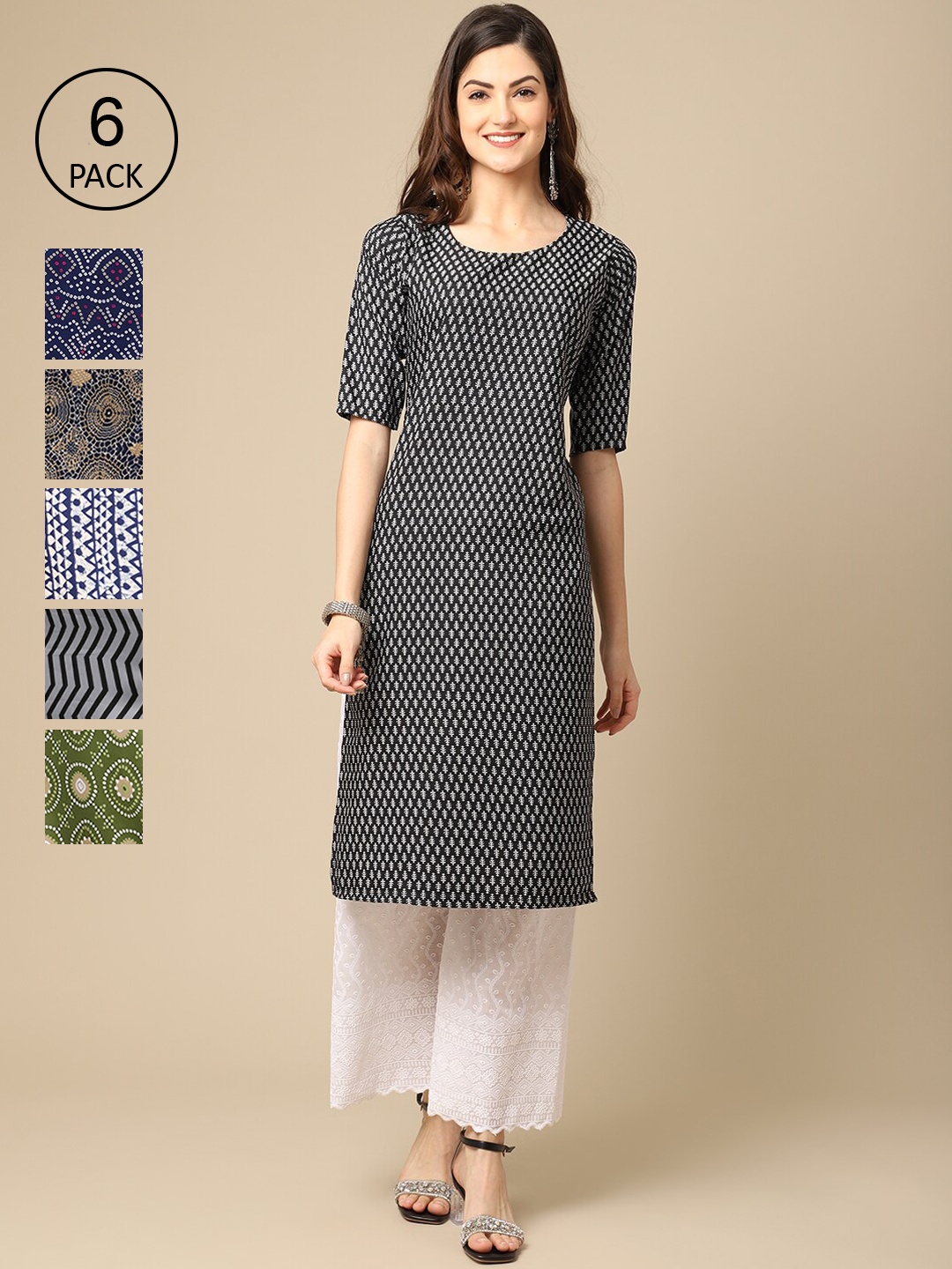 7Threads Women Pack of 6 Printed Crepe Kurtas, Multi