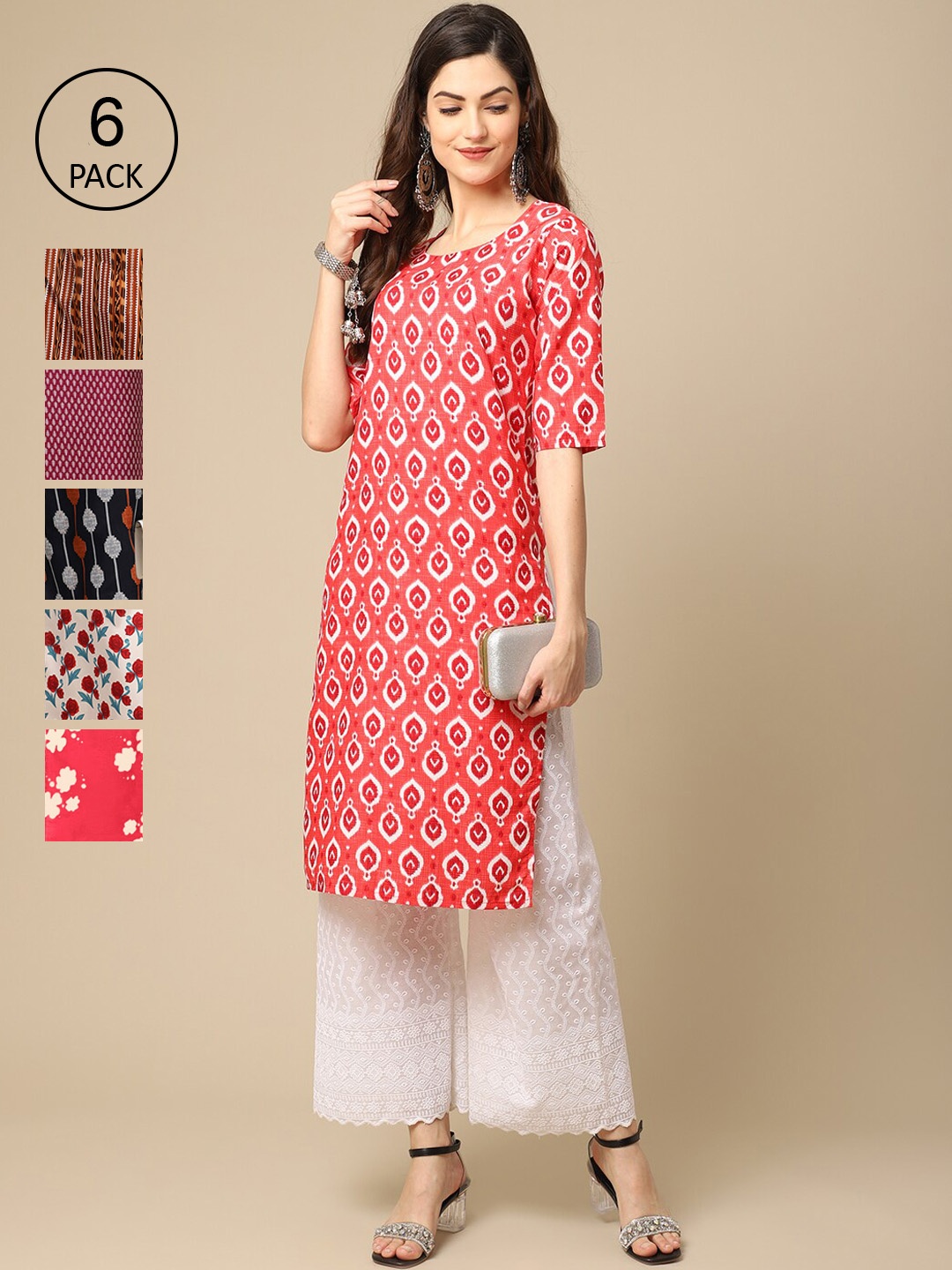 

7Threads Women Pack Of 6 Ethnic Motifs Printed Crepe Kurta, Red