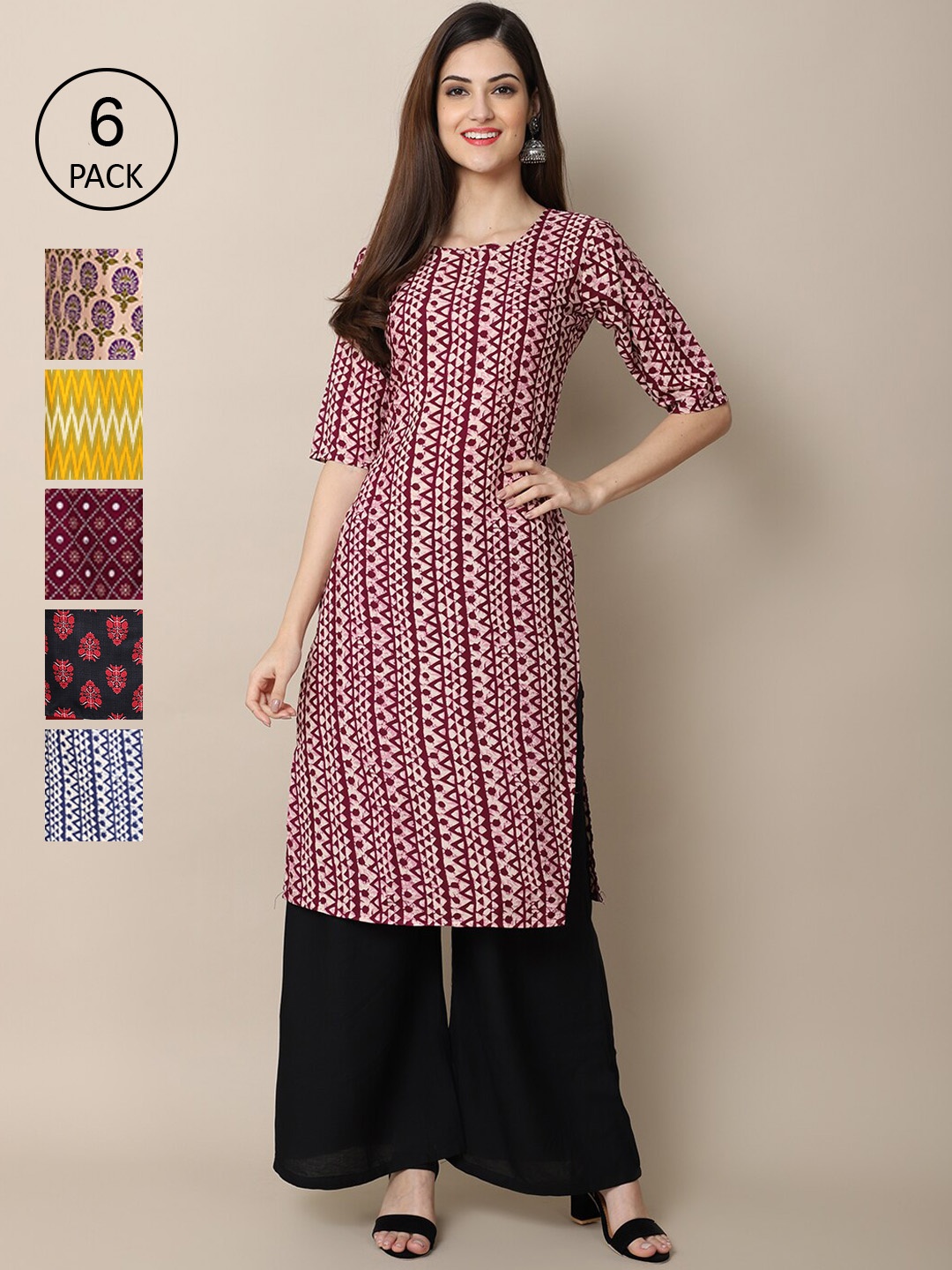 

7Threads Women Pack of 6 Pink & Beige Geometric Printed Crepe Kurta