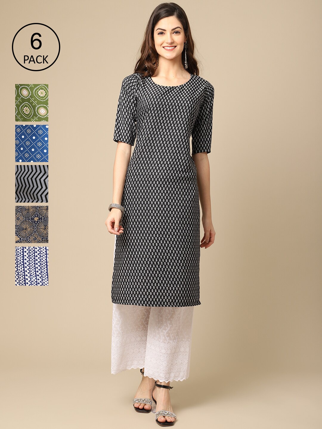 

7Threads Women Set Of 6 Green & Blue Ethnic Motifs Printed Crepe Kurta