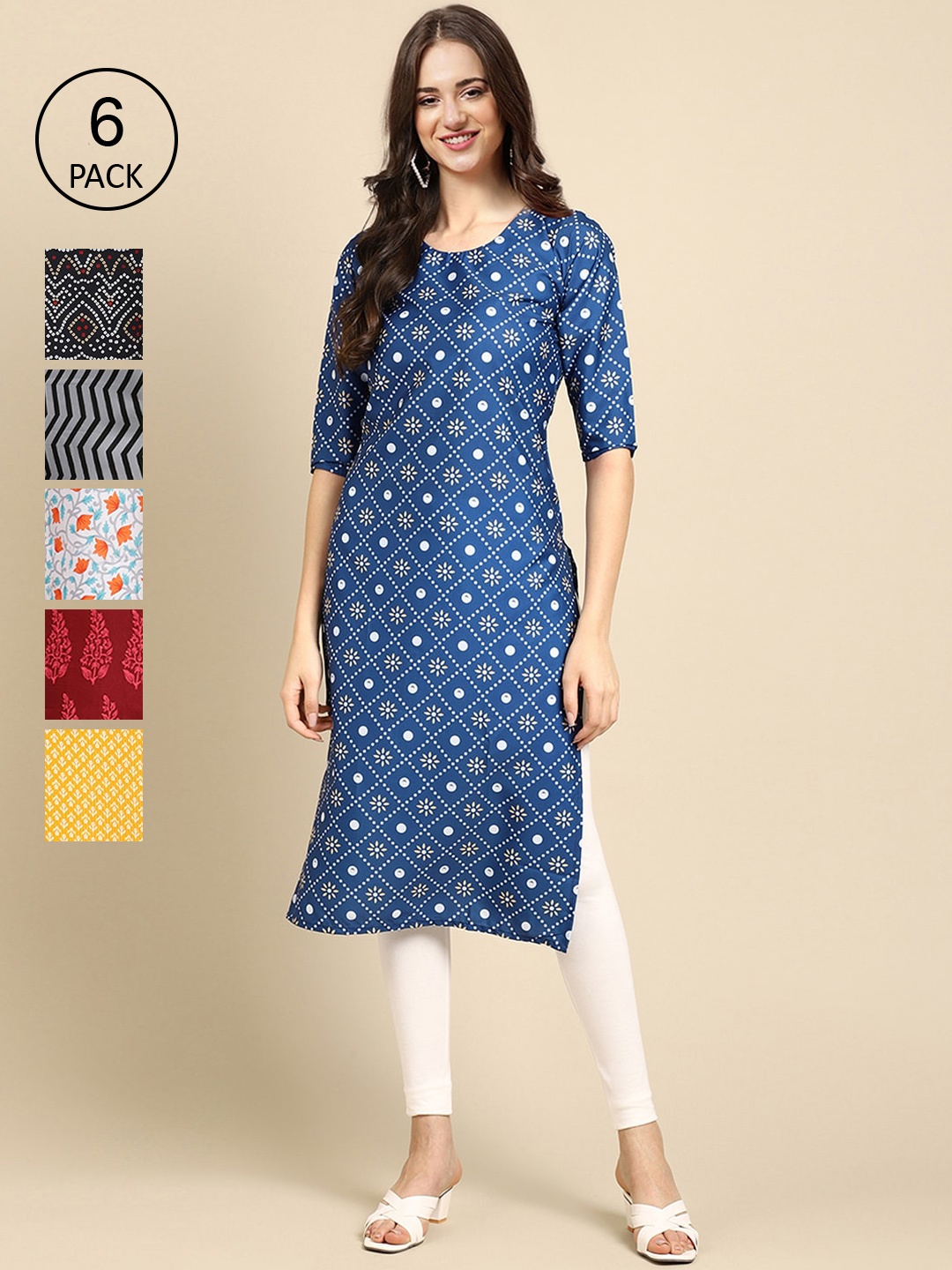 

7Threads Women Pack of 6 Ethnic Motifs Printed Summer Sheers Crepe Kurta, Blue