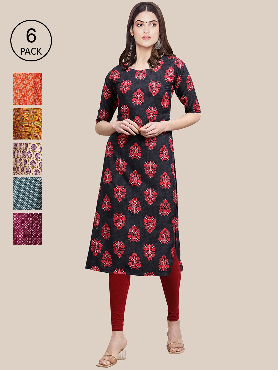 7Threads Women Pack Of 6 Black & Orange Printed Crepe Kurta
