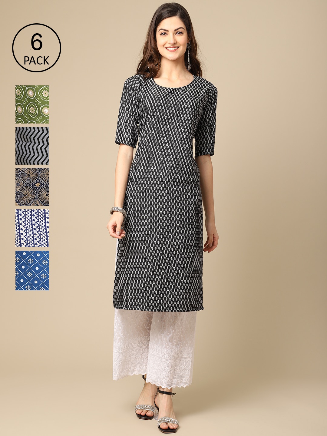 7Threads Women Pack of 6 Geometric Printed Block Print Crepe Kurta, Black