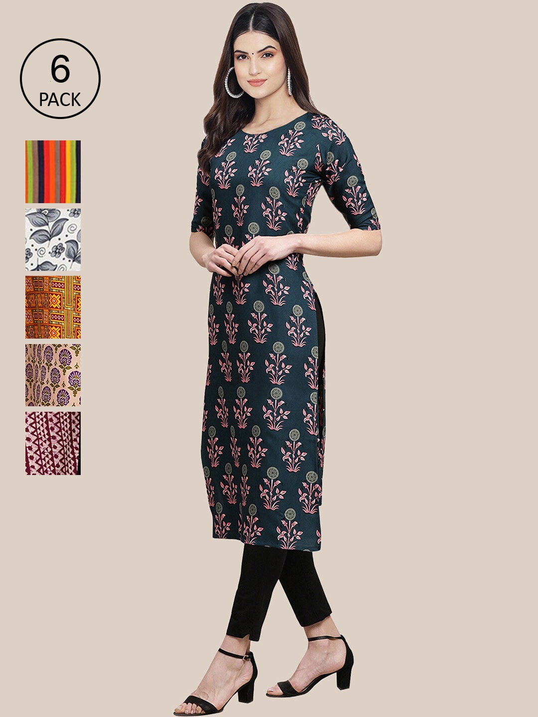 

7Threads Women Pack Of 6 Printed Crepe Kurta, Multi