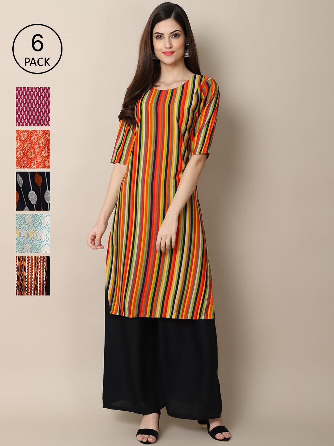

7Threads Women Orange & Black Pack Of 6 Geometric Printed Summer Sheers Crepe Kurta