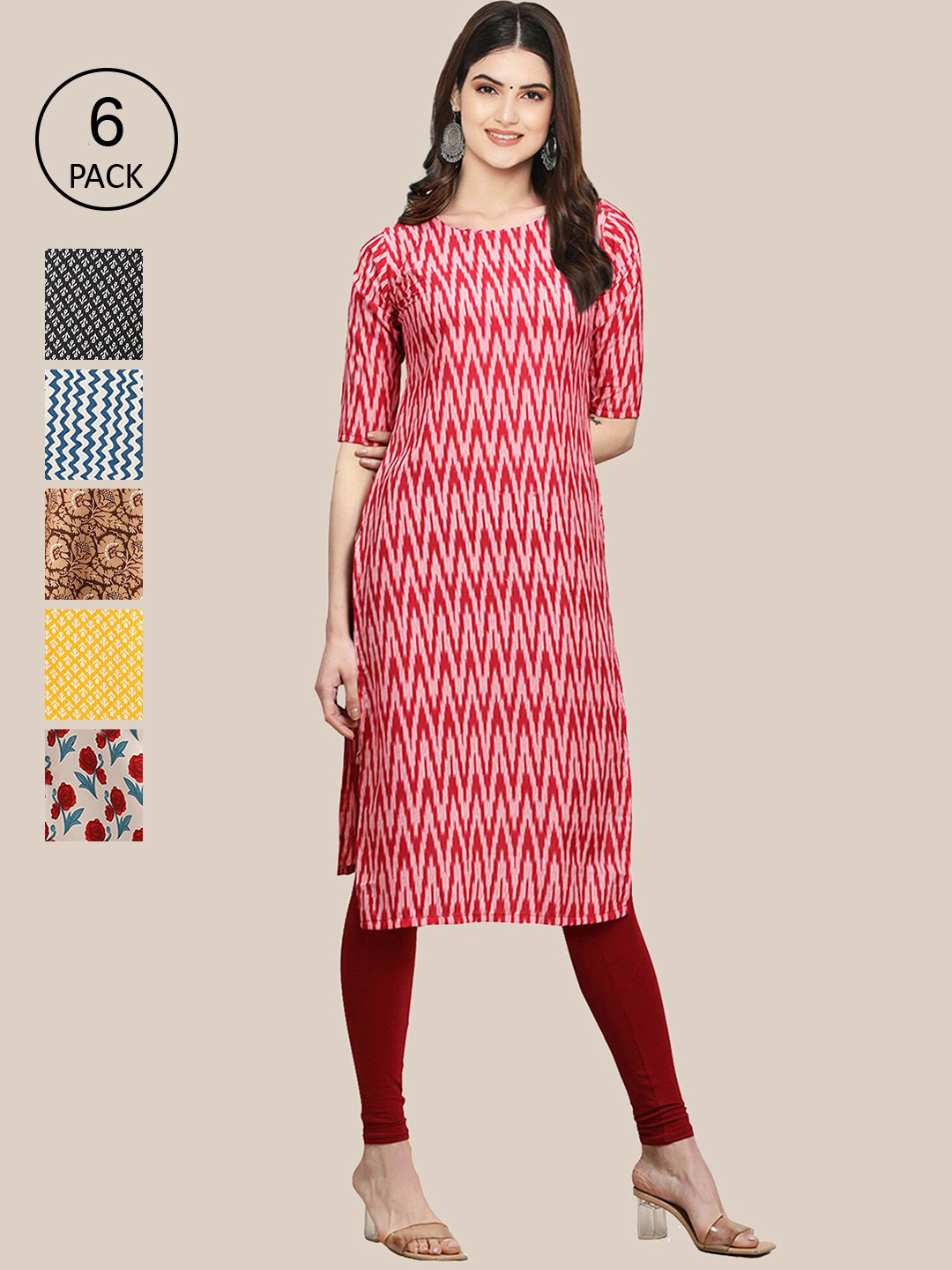 

7Threads Women Pack of 6 Women Printed Straight Crepe Kurta, Multi