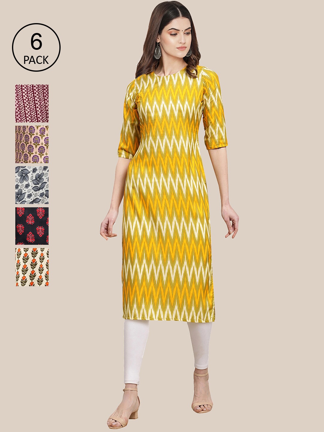 

7Threads Women Pack of 6 Floral Printed Thread Work Crepe Kurta, Multi