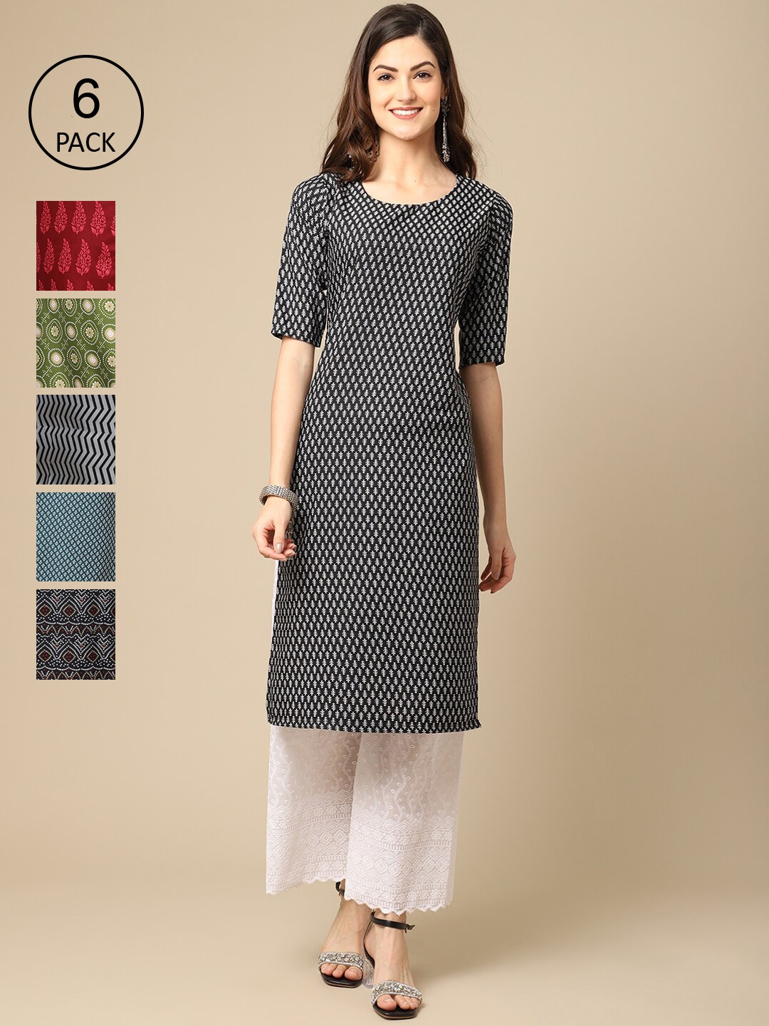

7Threads Women Set Of 6 Red & Green Ethnic Motifs Printed Crepe Kurta