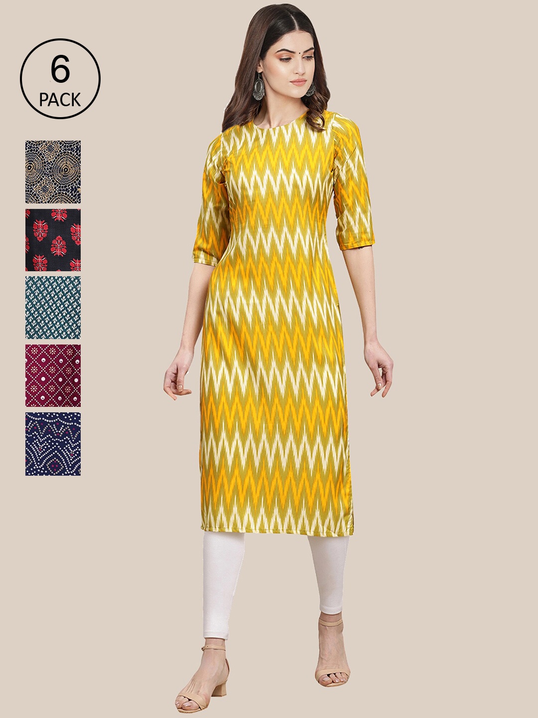 

7Threads Women Pack of 6 Ethnic Motifs Printed Summer Sheers Crepe Kurta, Yellow