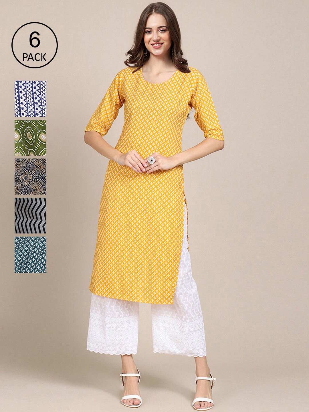 

7Threads Women Pack of 6 Digital Printed Crepe Straight Kurtas, Yellow