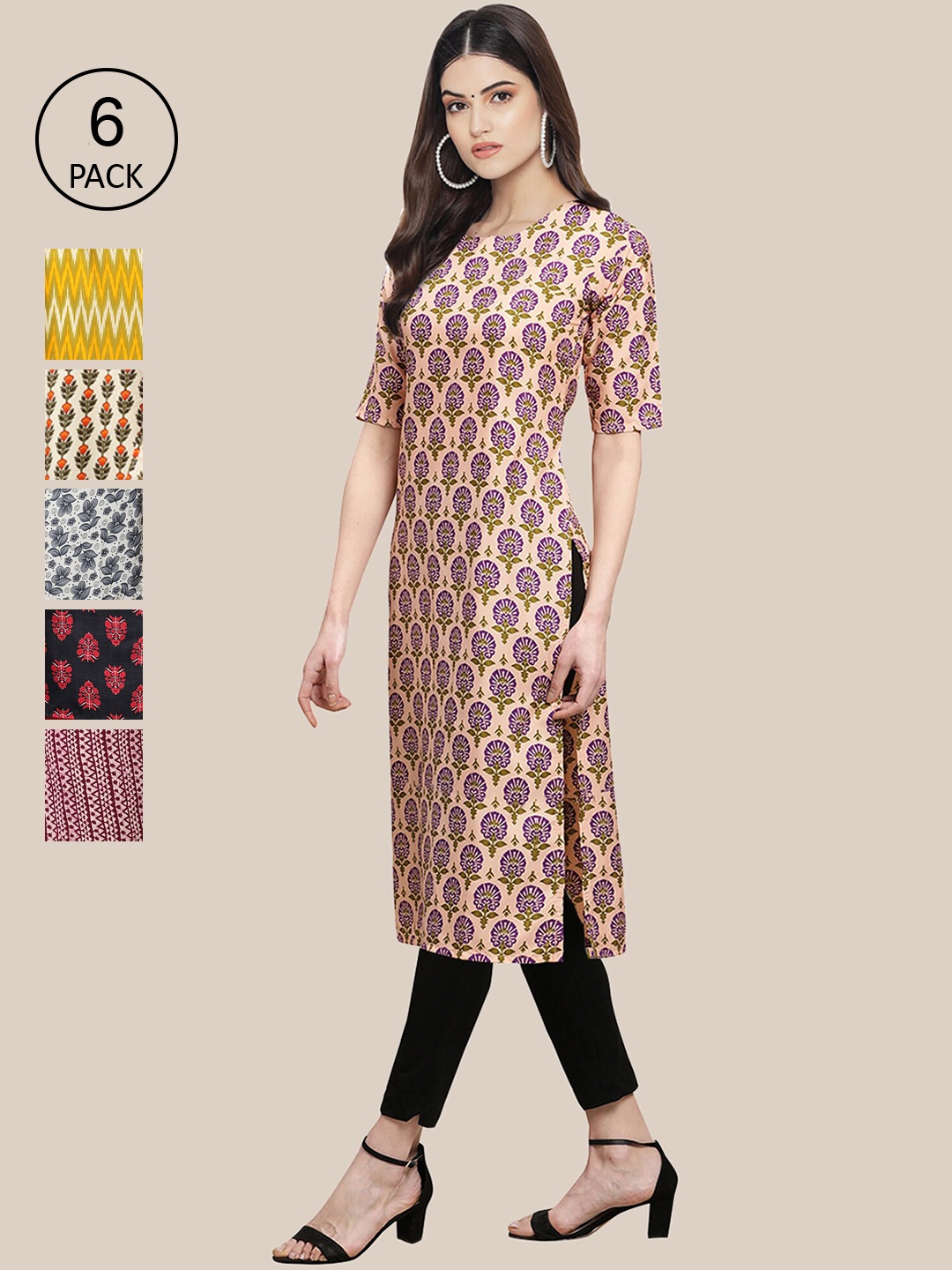 

7Threads Women Pack OF 6 Printed Summer Sheers Crepe Kurta, Cream