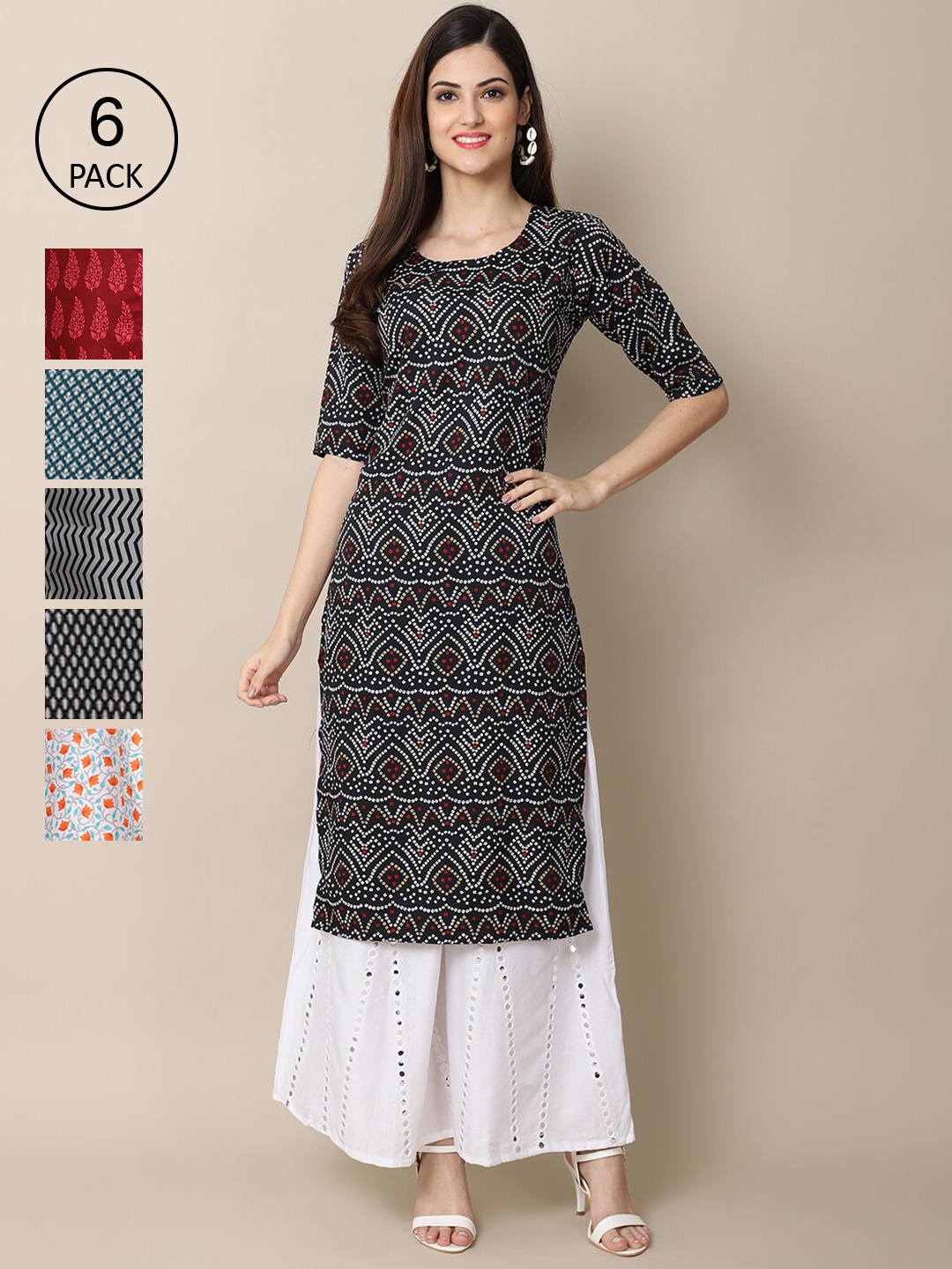 

7Threads Women Pack of 6 Black & Red Floral Printed Crepe Kurta
