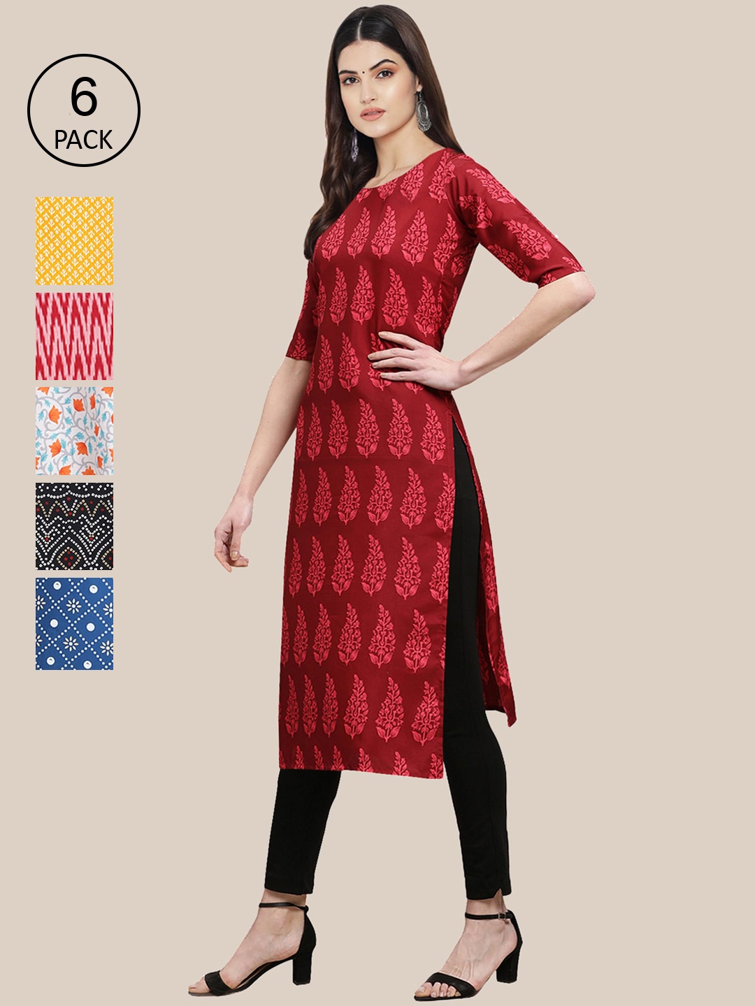 

7Threads Women Pack of 6 Geometric Printed Block Print Crepe Kurta, Red