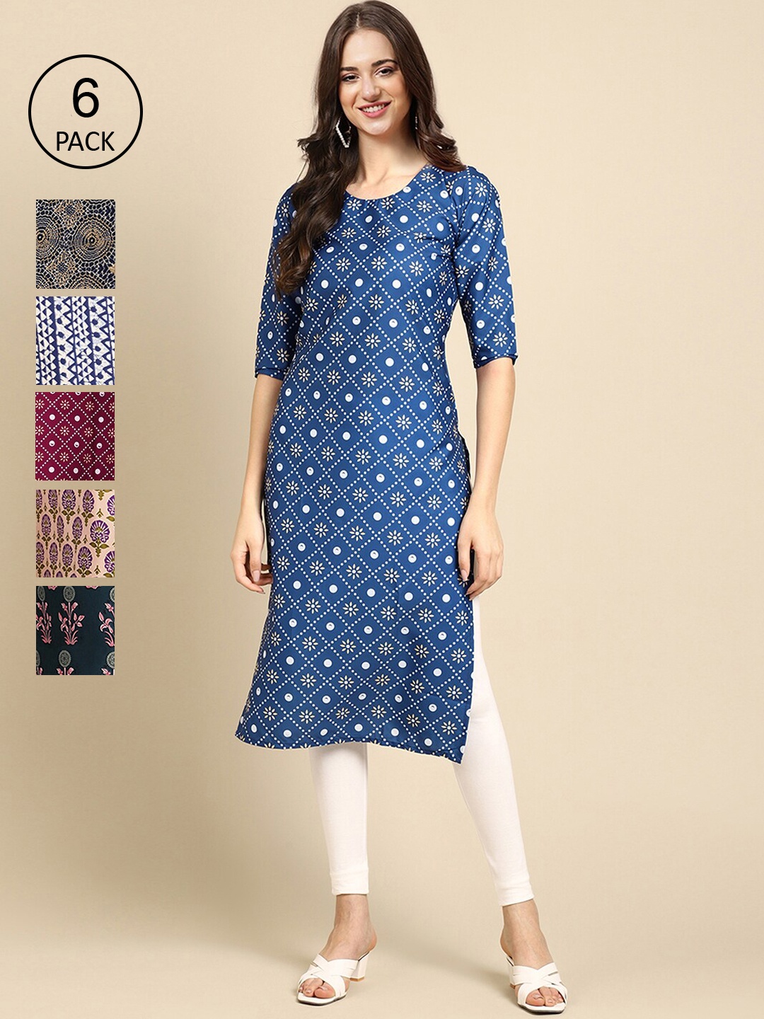 

7Threads Women White & Blue 6 Geometric Printed Crepe Kurta