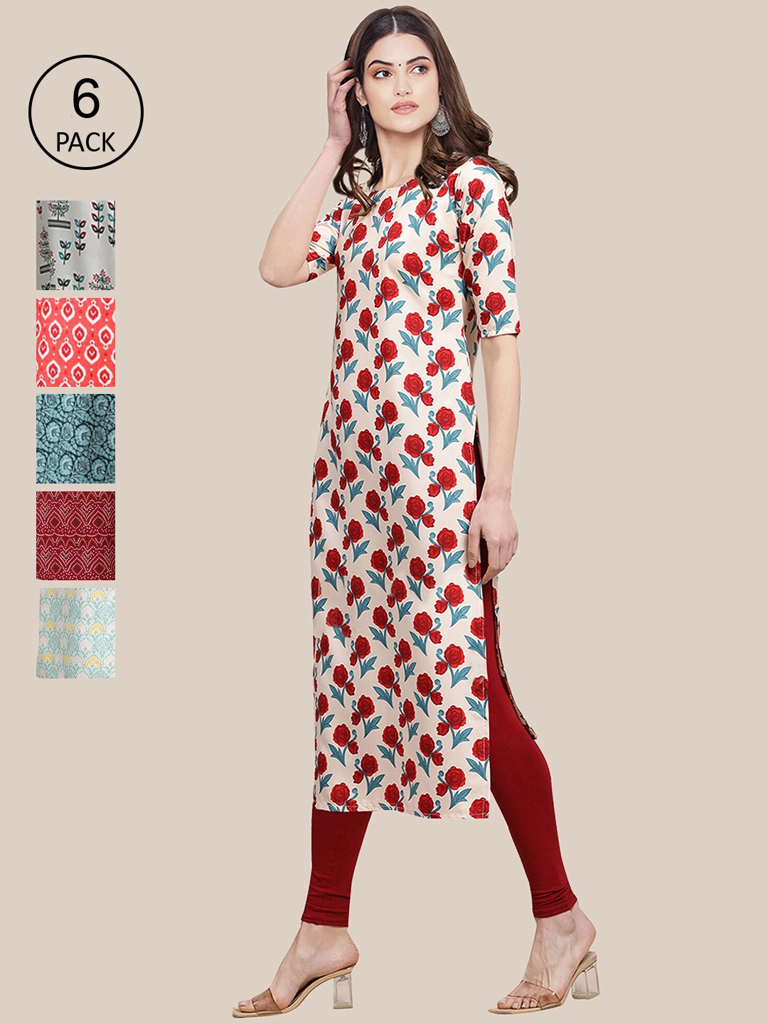 

7Threads Women Pack of 6 Geometric Printed Block Print Crepe Kurta, Cream