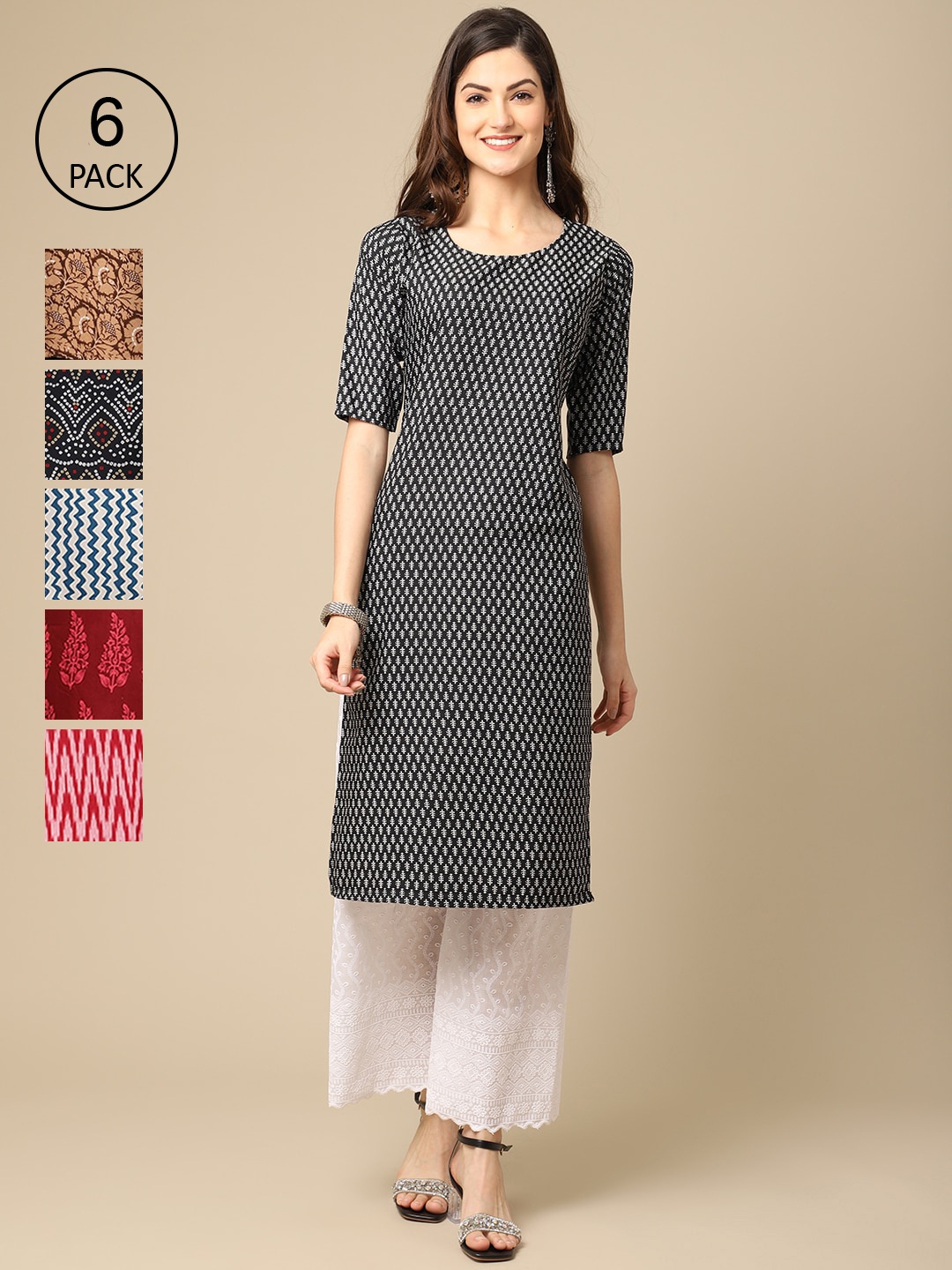 

7Threads Women Pack Of 6 Printed Crepe Kurta, Multi