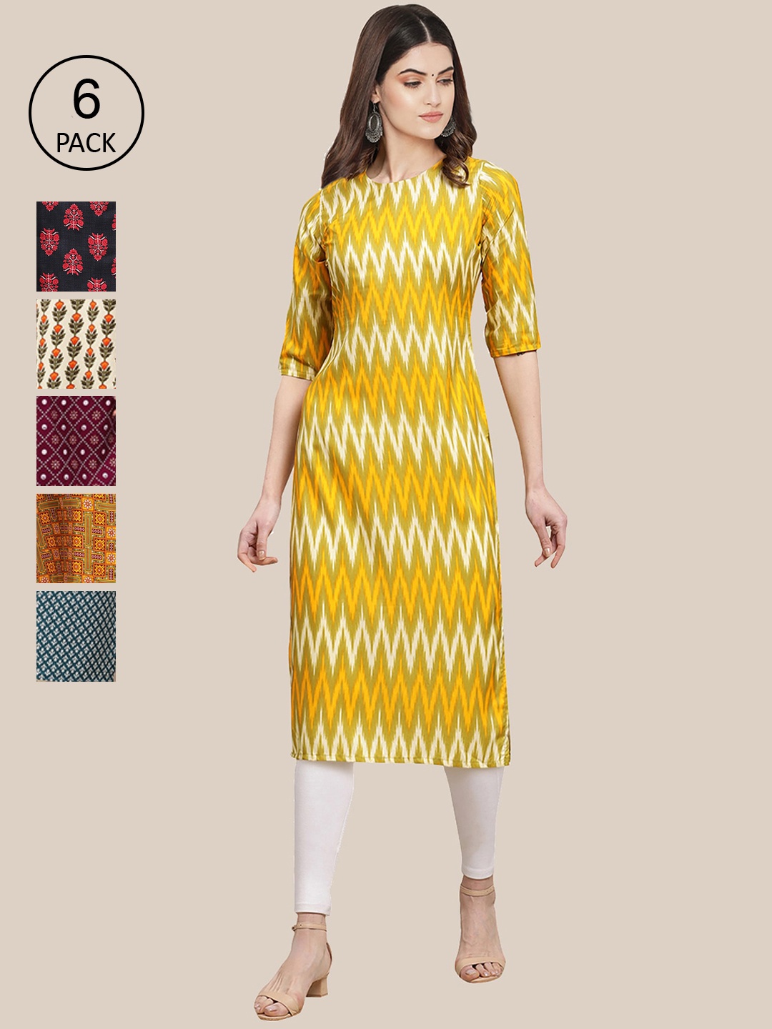 

7Threads Pack of 6 Women Yellow & Black Ethnic Motifs Summer Sheers Crepe Kurta