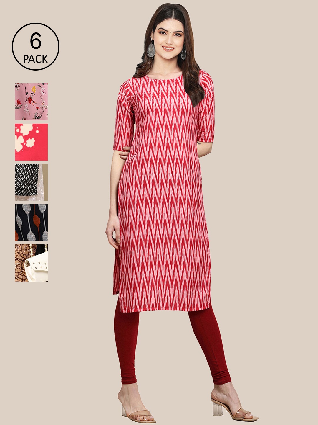 

7Threads Women Pink & Black Pack Of 6 Geometric Printed Summer Sheers Crepe Kurta