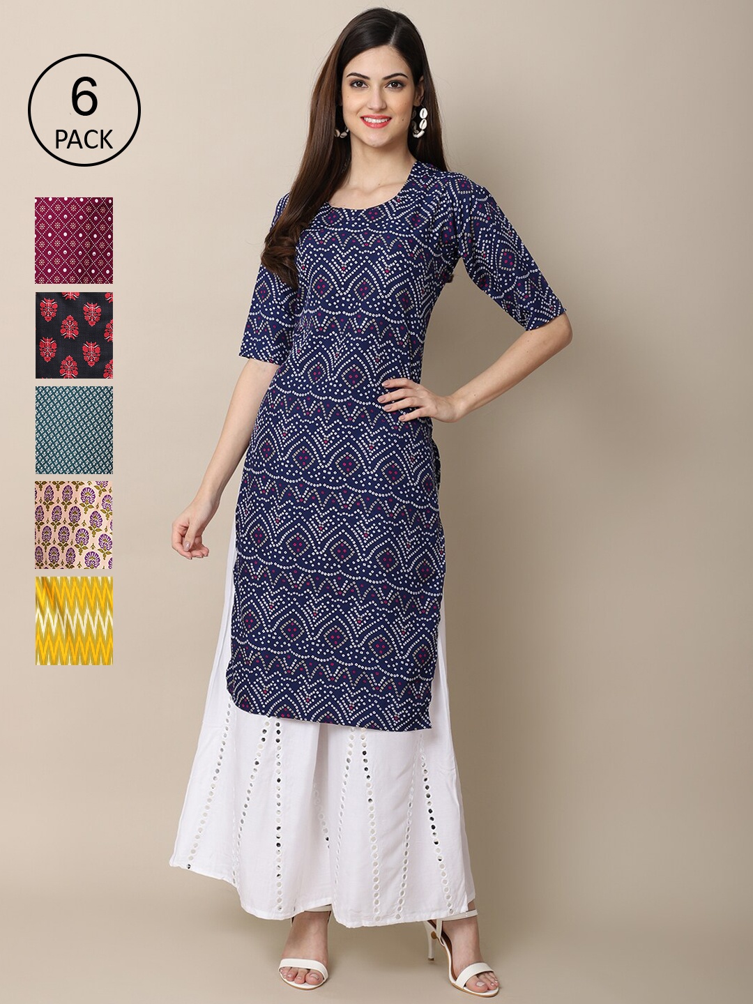 

7Threads Women Pack of 6 Geometric Printed Summer Sheers Crepe Kurta, Yellow