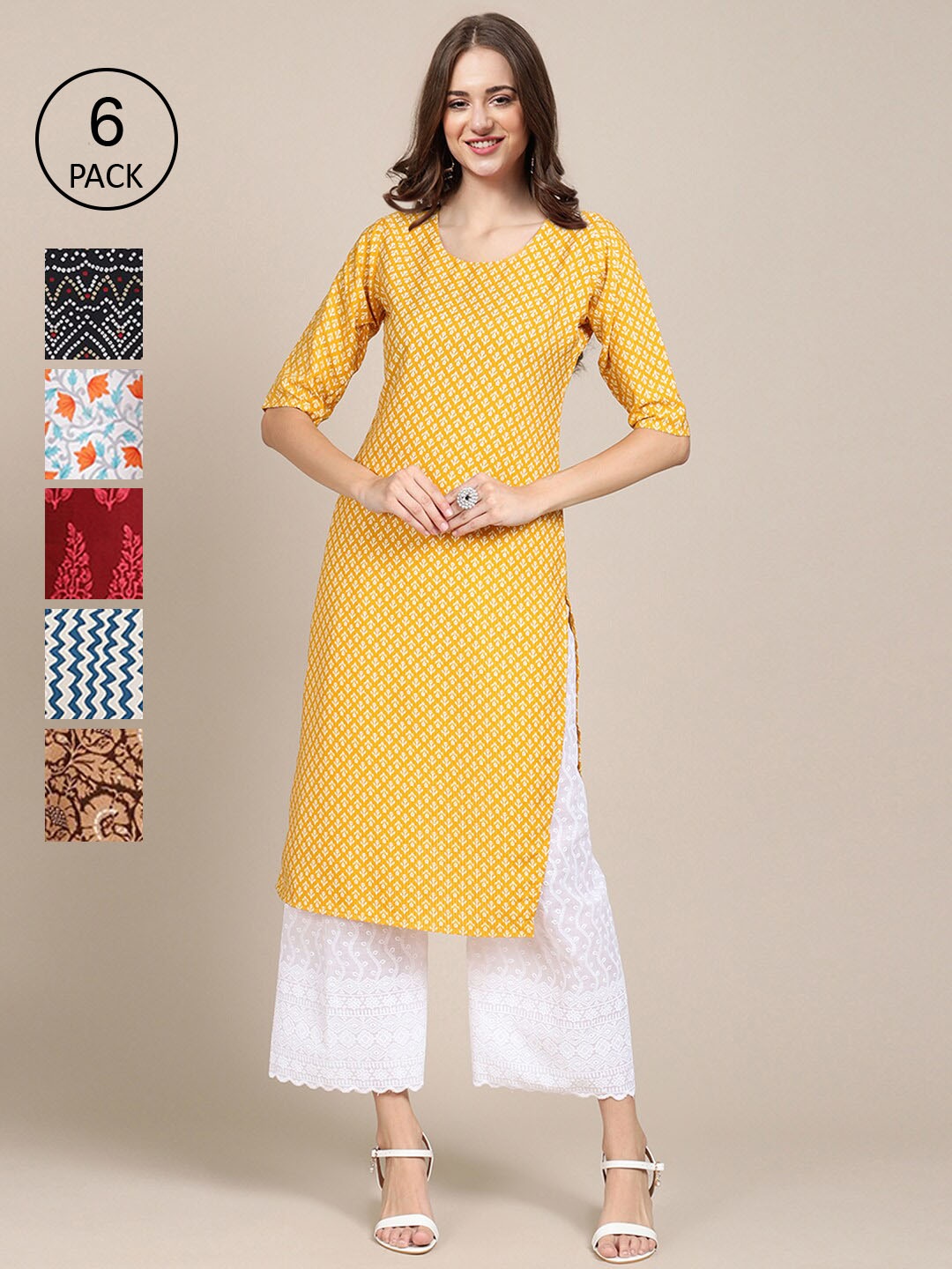 7Threads Women Pack of 6 Yellow & Black Printed Crepe Kurta