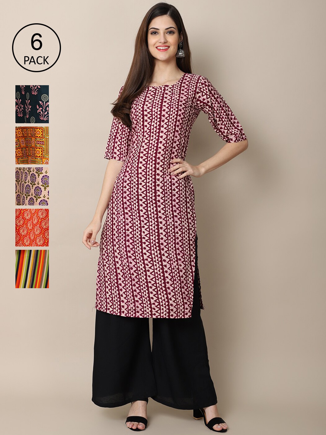 

7Threads Women Maroon & Navy Blue Pack of 6 Ethnic Motifs Printed Crepe Kurtas