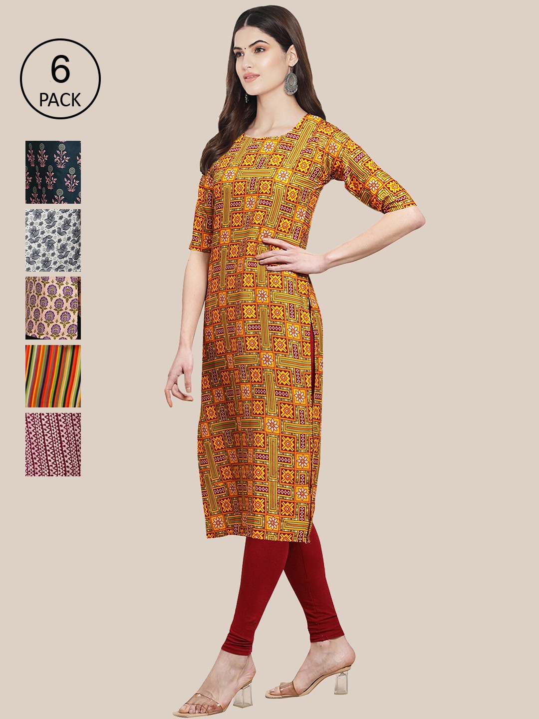 

7Threads WomenPack of 6 Women Printed Straight Crepe Kurta, Multi