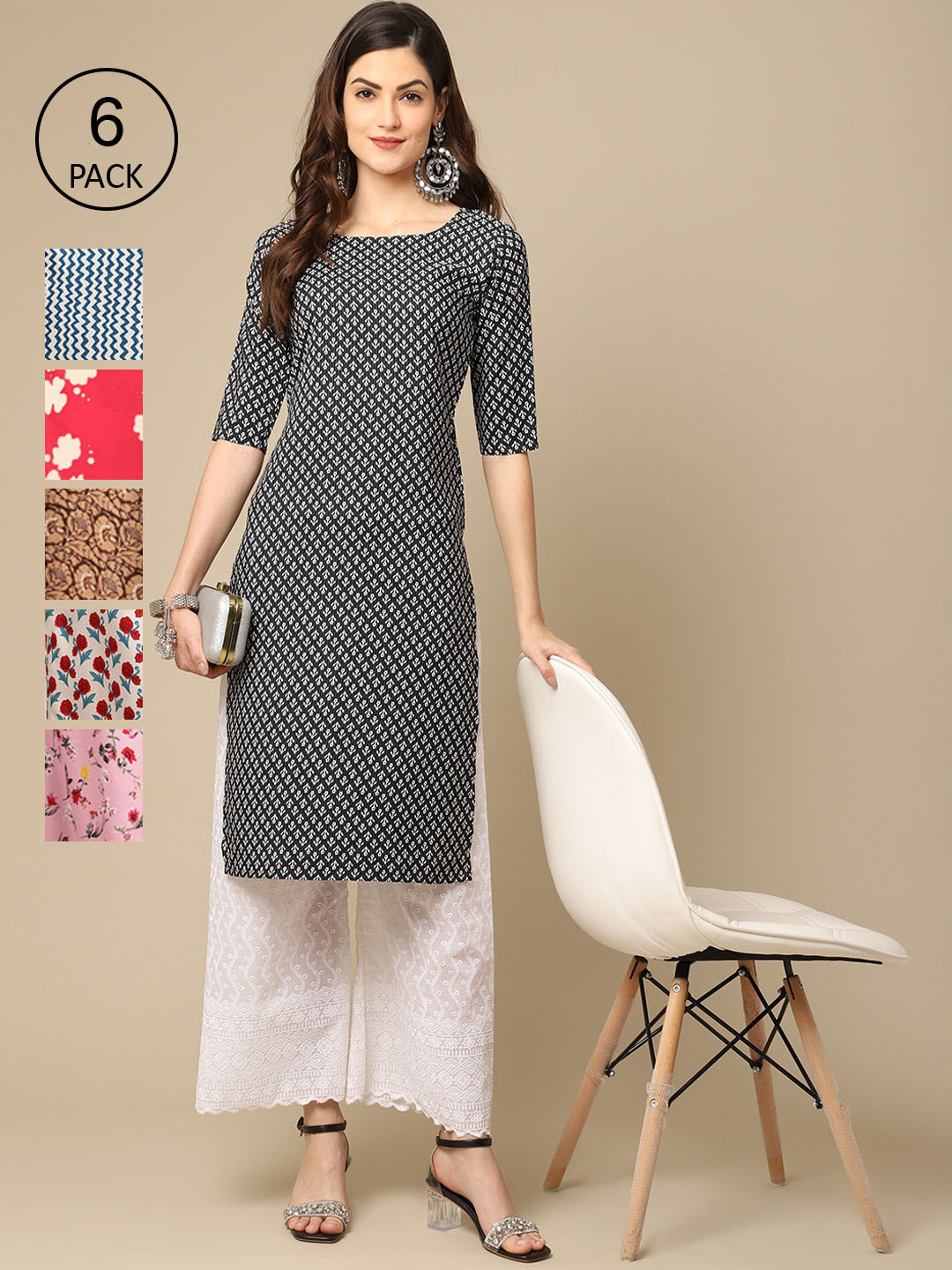 

7Threads Women Pack Of 6 Ethnic Motifs Printed Thread Work Summer Sheers Crepe Kurta, Multi