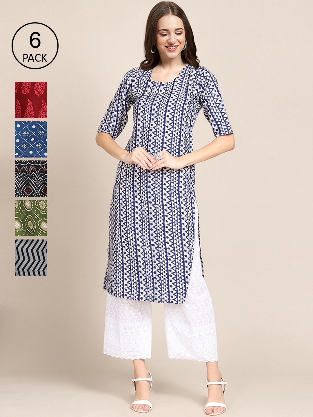 

7Threads Women Pack OF 6 Printed Summer Sheers Crepe Kurta, Blue