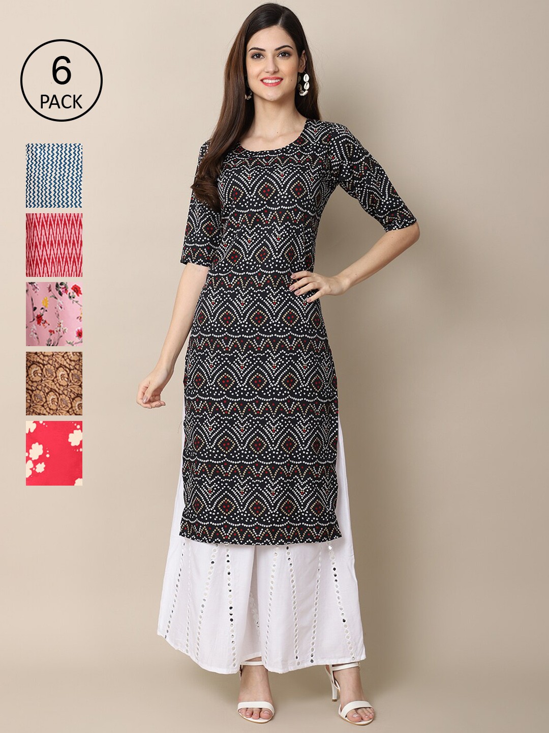 7Threads Pack of 6 Women White & Red Geometric Printed Summer Sheers Crepe Kurta