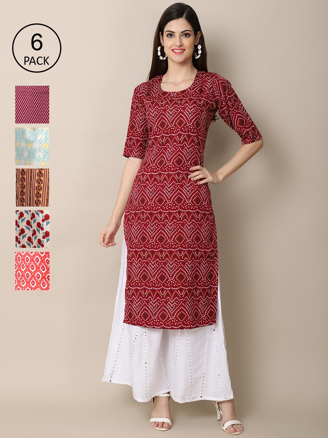 7Threads Women Pack of 6 Digital Printed Crepe Straight Kurtas, Maroon