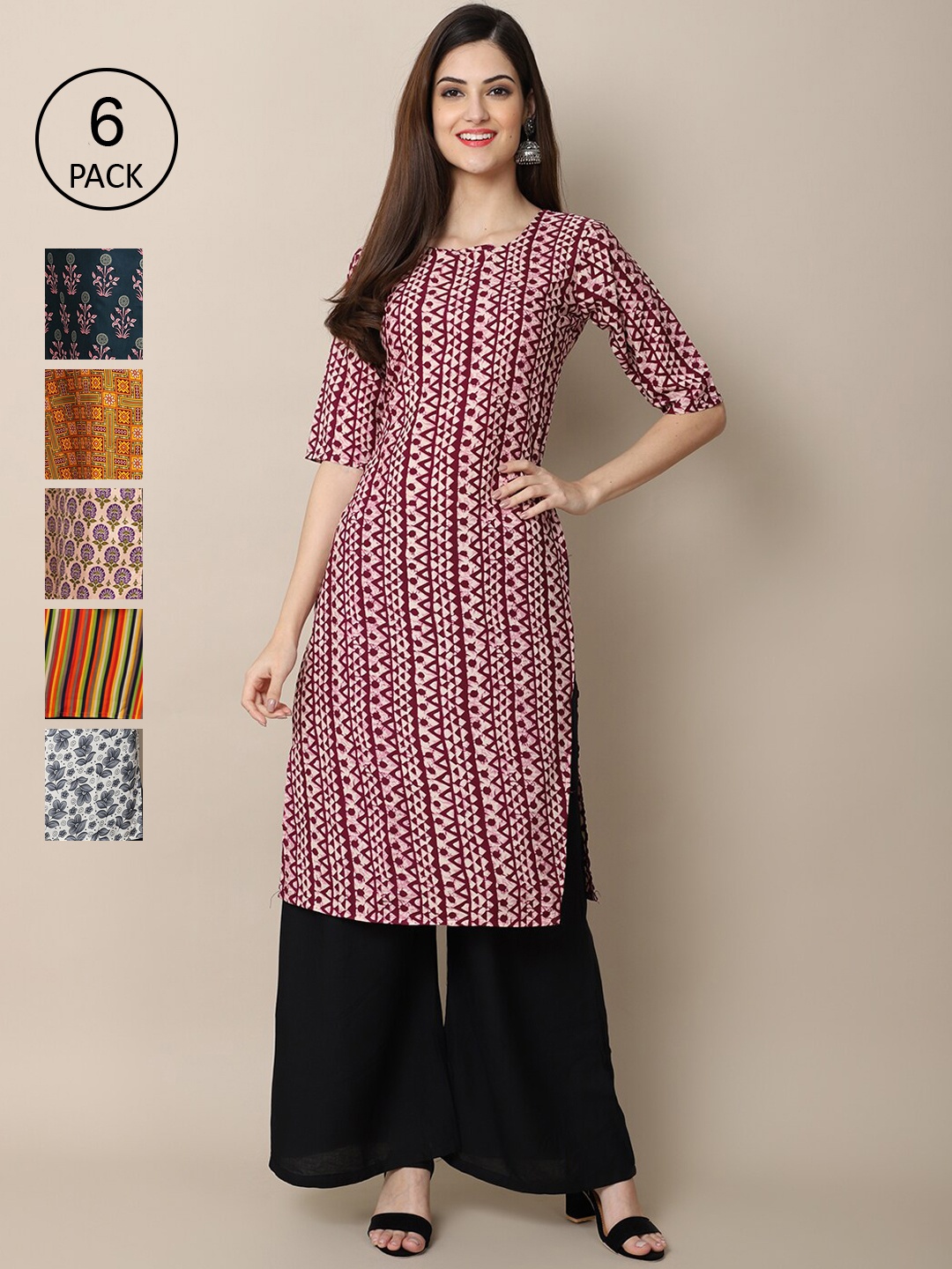 7Threads Women Set Of 6 Multicoloured Striped Crepe Kurta, Multi