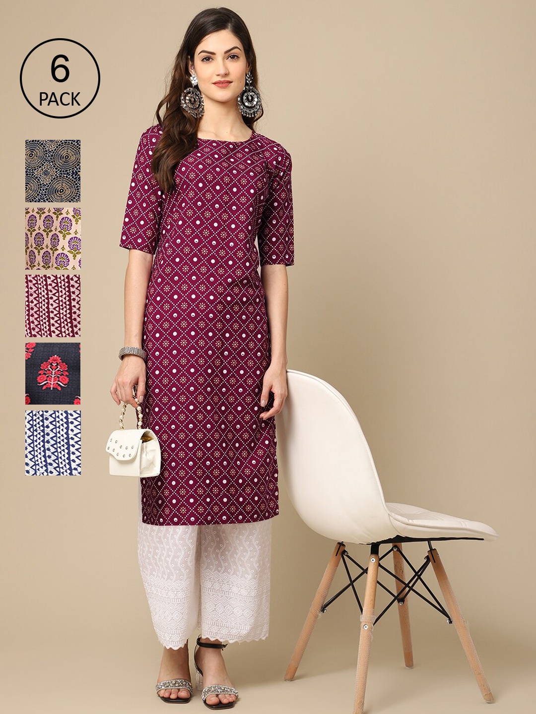 

7Threads Women Pack of 6 Printed Crepe Kurtas, Multi