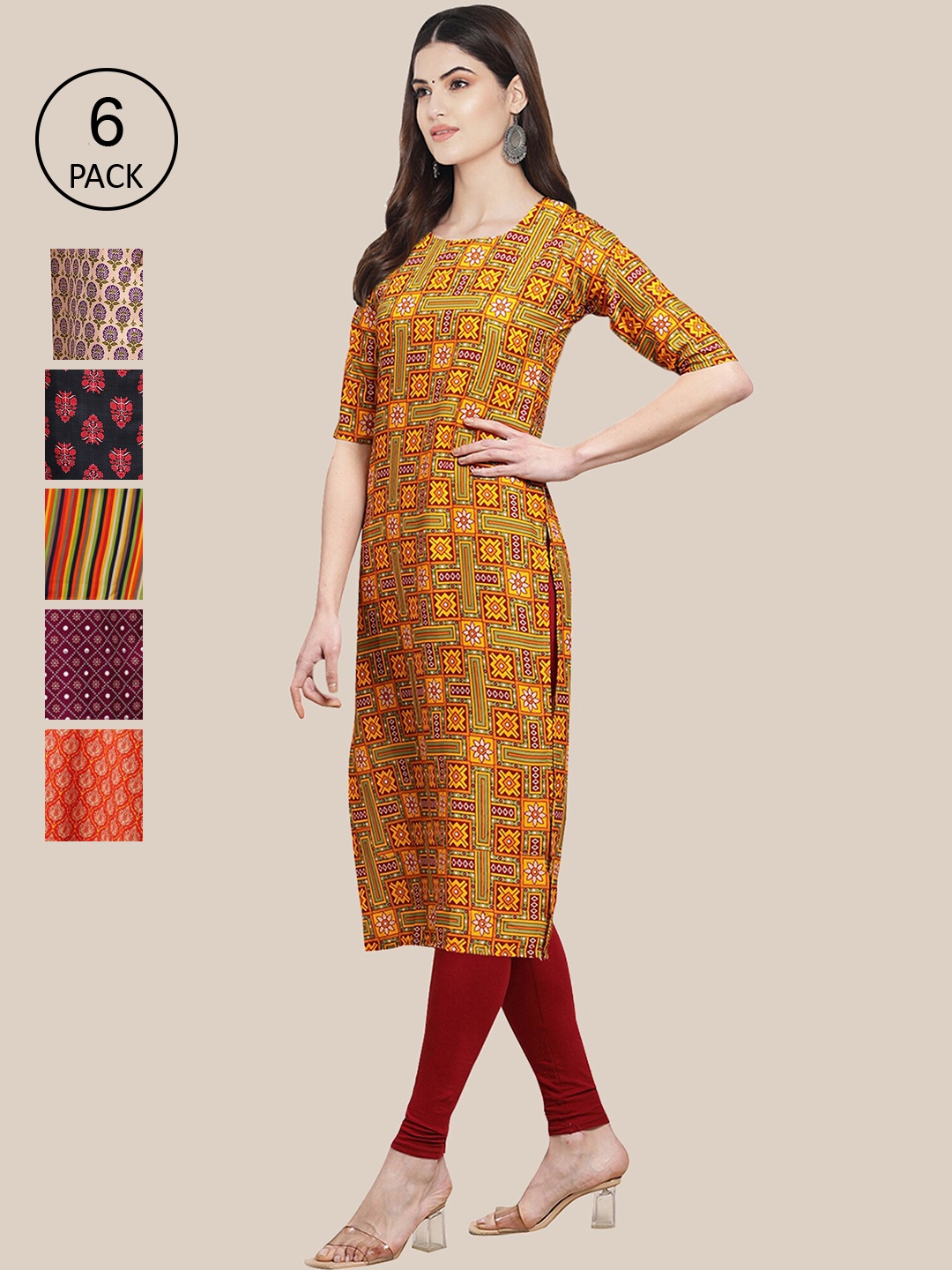 7Threads Women Pack Of 6 Geometric Printed Block Print Crepe Kurta, Mustard