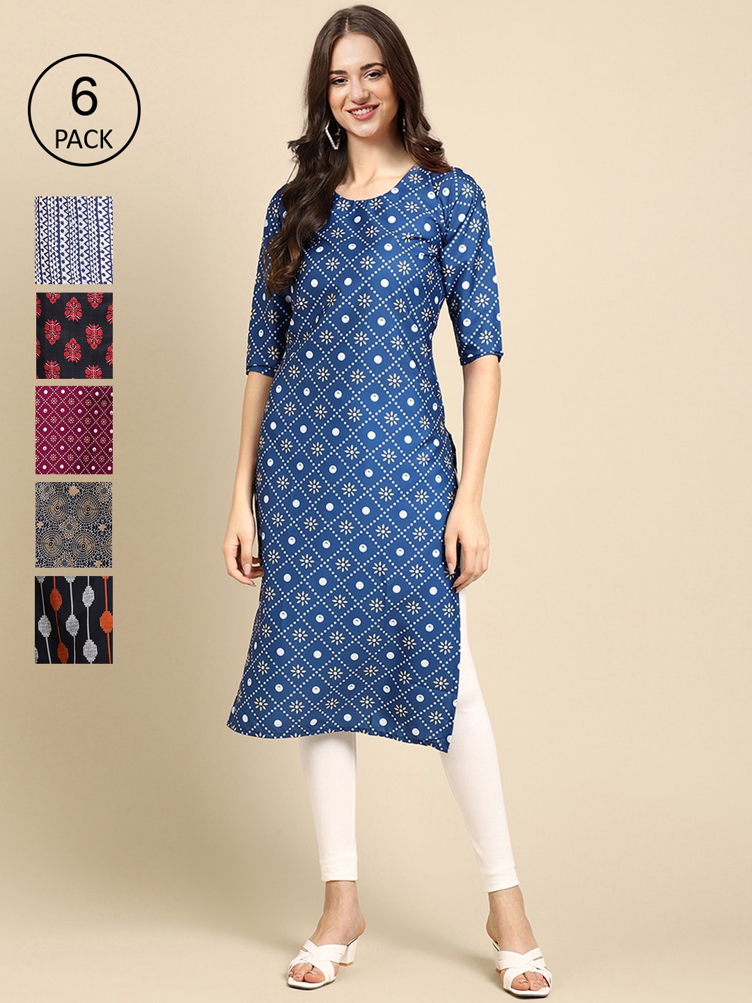 

7Threads Women Pack of 6 Geometric Printed Summer Sheers Crepe Kurta, Blue