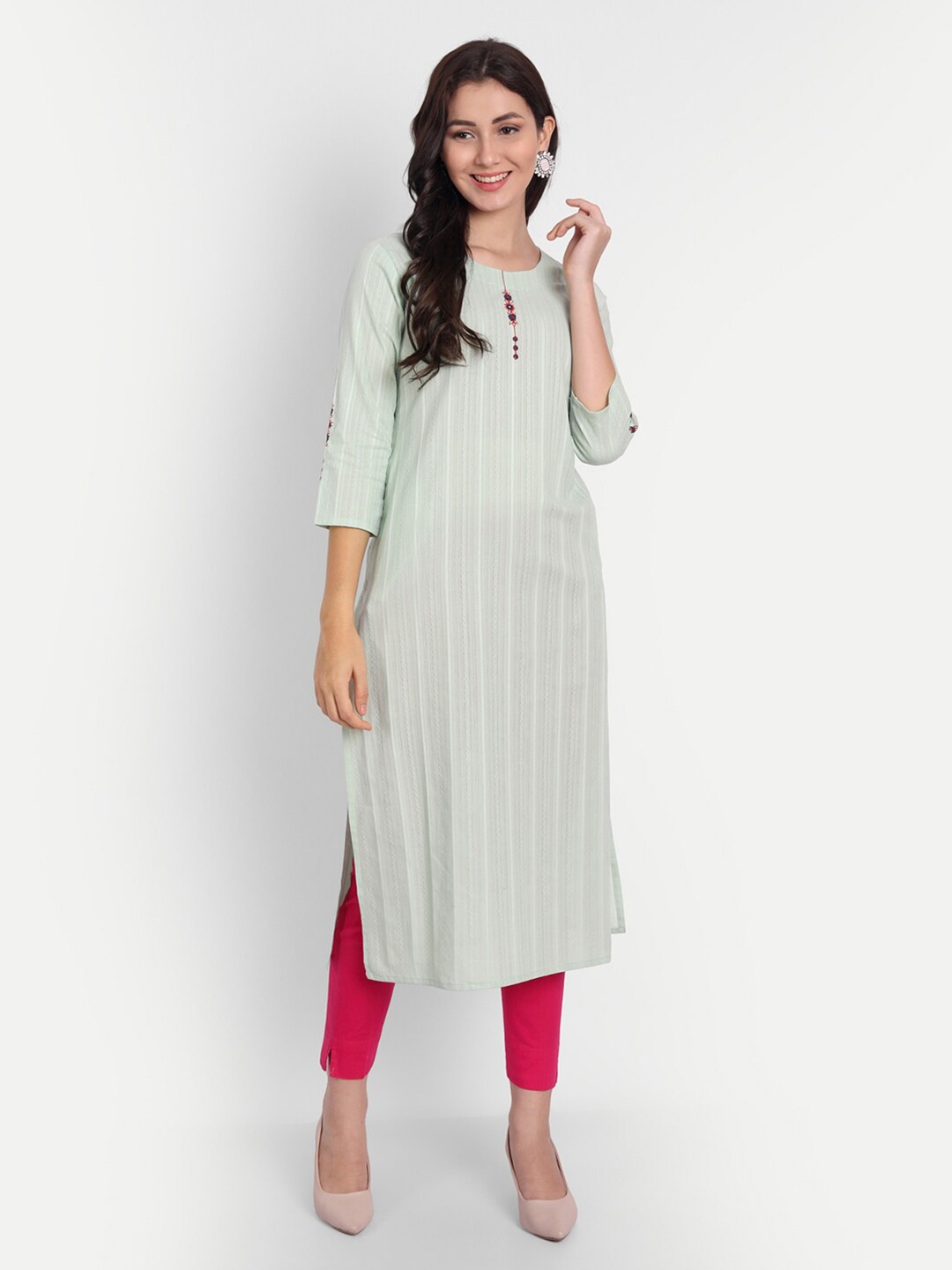 

SUTI Women Pure cotton Green Striped Thread Work Pastels Kurta