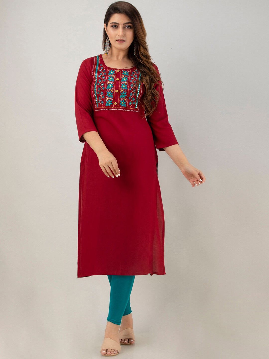 

PREKSHA Women Maroon Embroidered Yoke Design Mirror Work Kurta