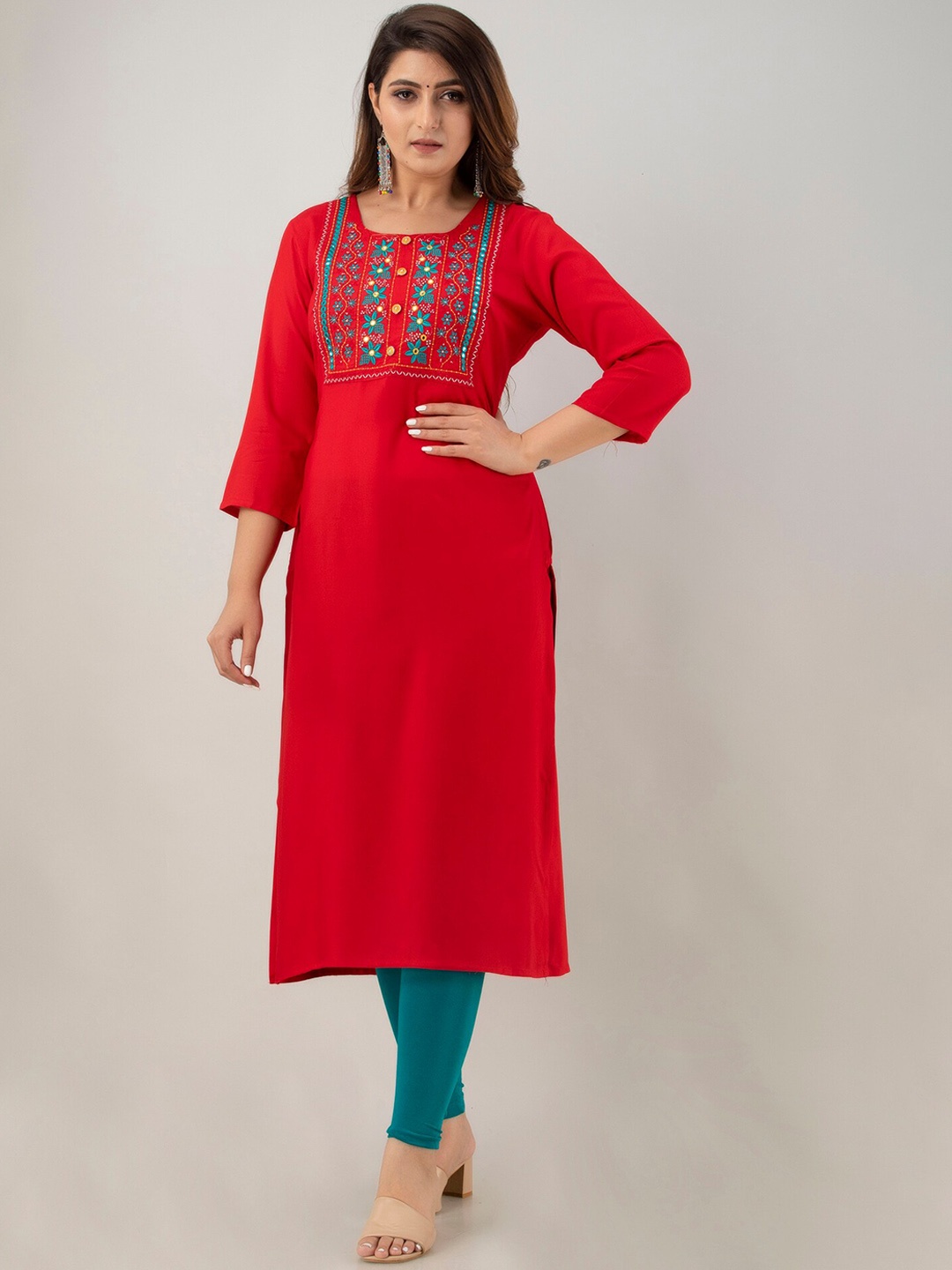 

PREKSHA Women Red Floral Embroidered Straight Kurta
