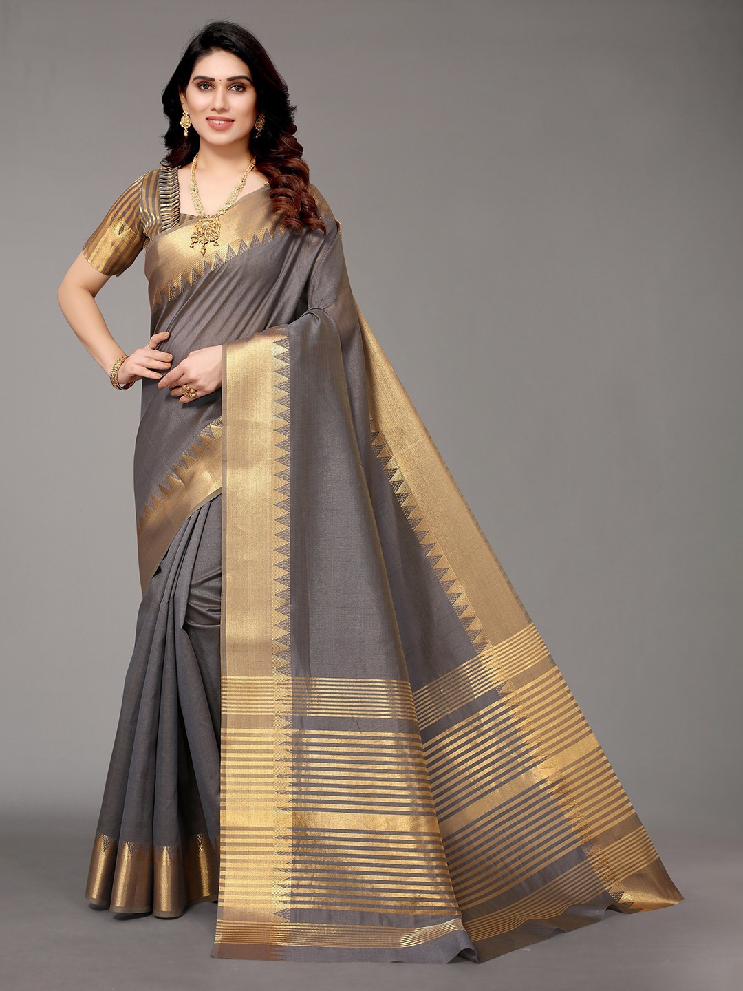 

Winza Designer Grey & Gold-Toned Zari Silk Blend Banarasi Saree