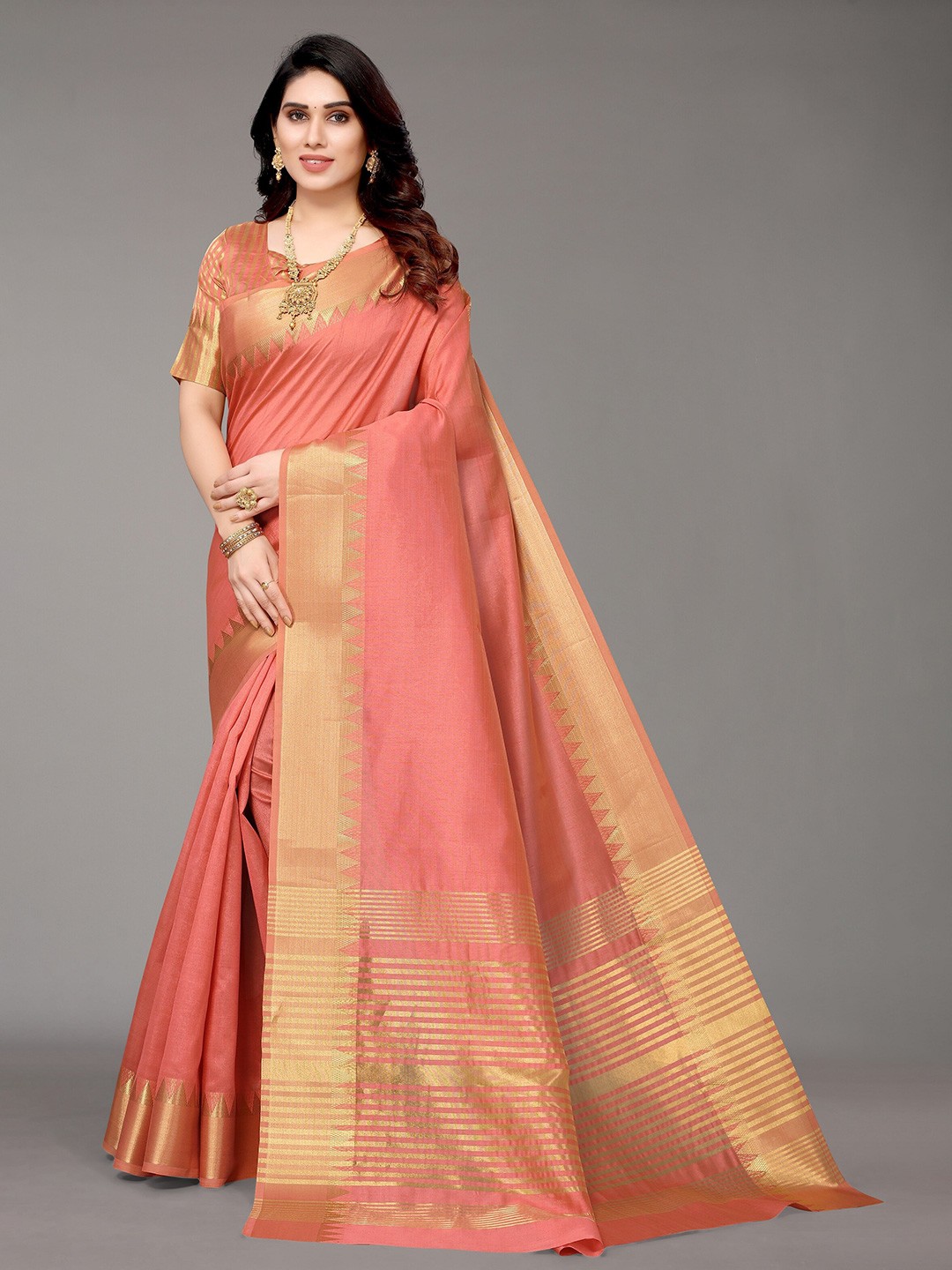 

Winza Designer Peach-Coloured & Gold-Toned Zari Silk Blend Banarasi Saree