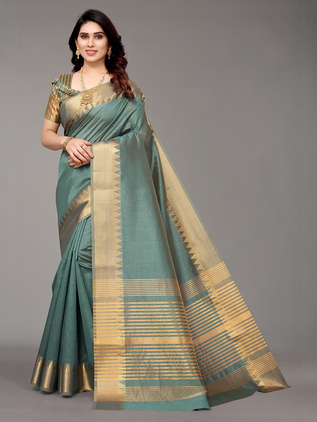 

Winza Designer Teal Green & Gold-Toned Zari Silk Blend Banarasi Saree