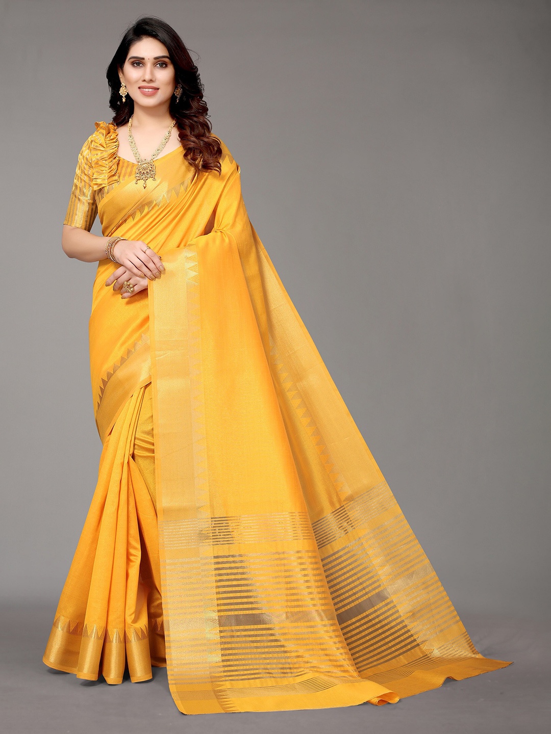 

Winza Designer Yellow & Gold-Toned Zari Silk Blend Banarasi Saree