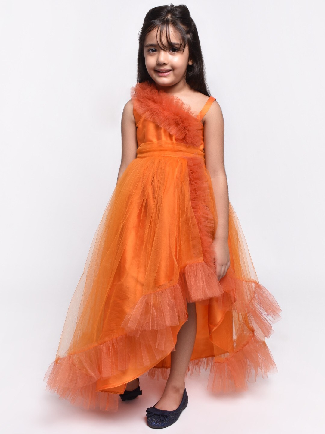 

Jelly Jones Girls Orange Solid Net Ruffles Sleeveless Maxi Dress